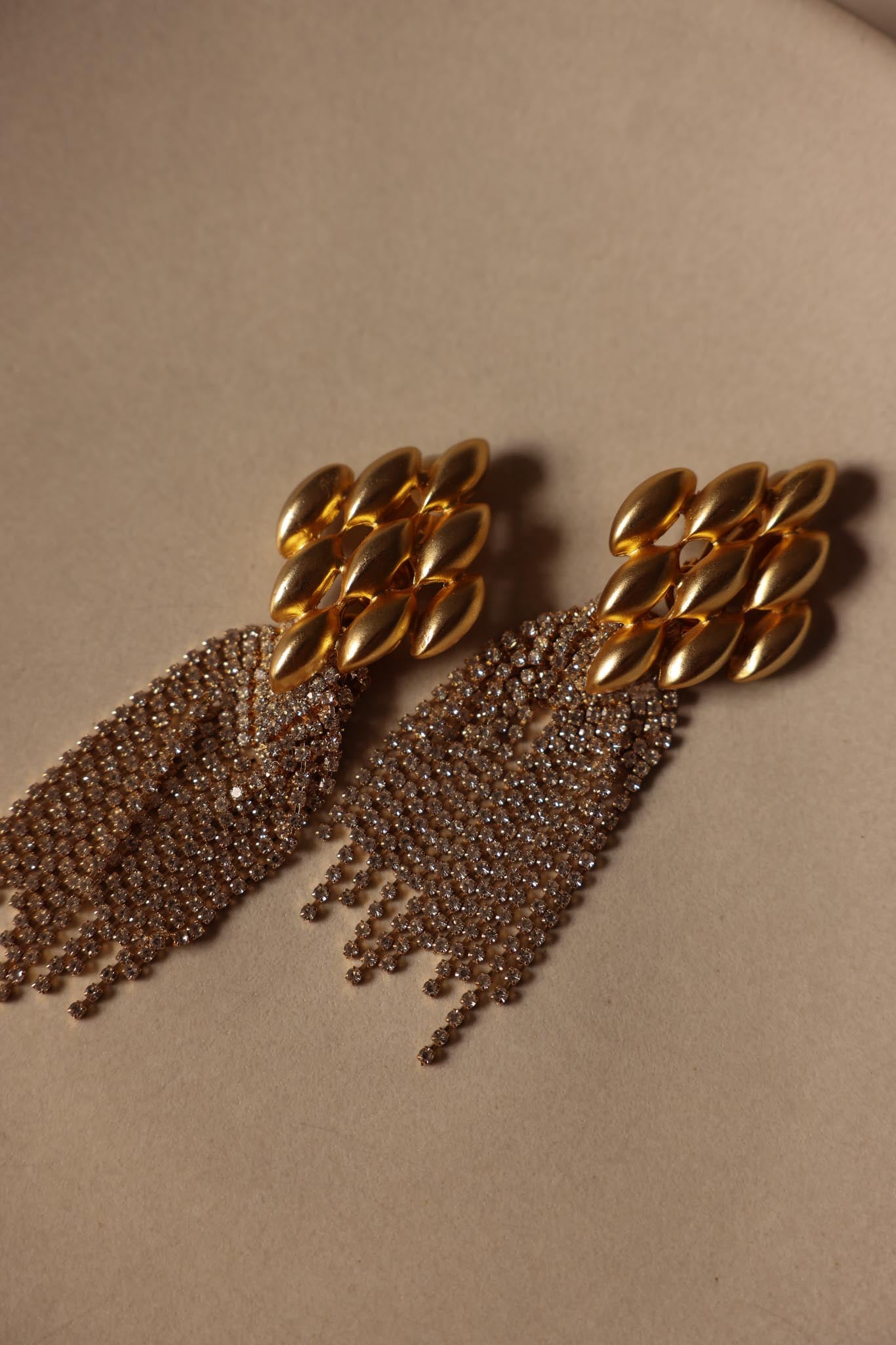 Matte Gold Rhinestone Cascade Clip-On Earrings
