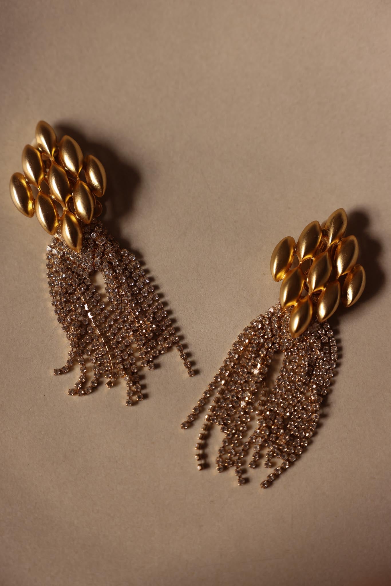 Matte Gold Rhinestone Cascade Clip-On Earrings