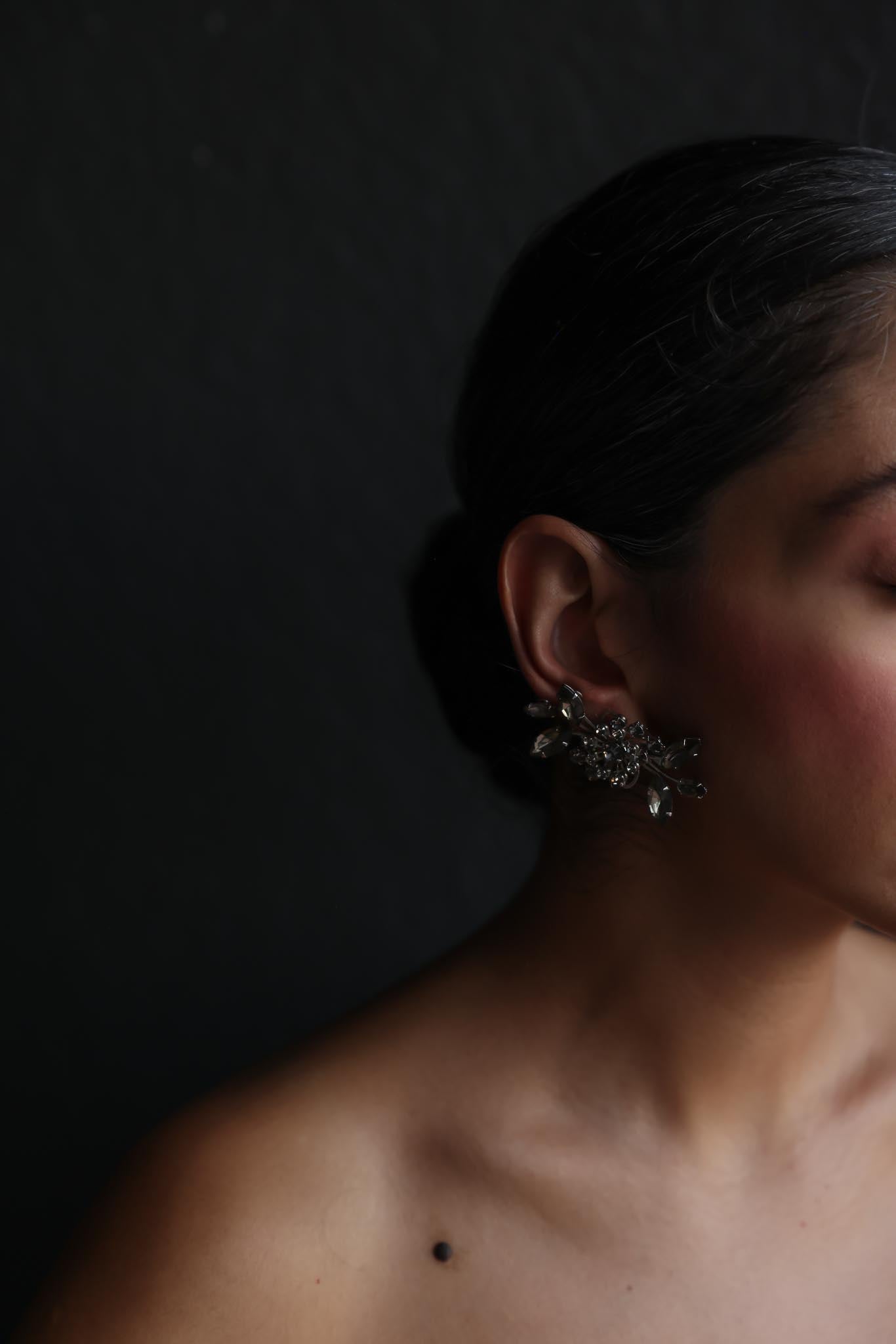 Silver-Tone Floral Rhinestone Clip-On Earrings