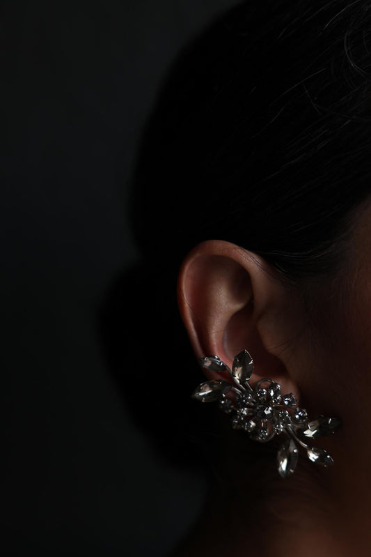 Silver-Tone Floral Rhinestone Clip-On Earrings
