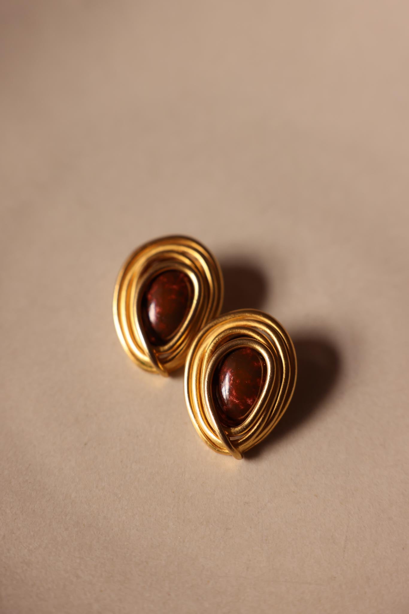 Norma Jean Matte Gold Teardrop Clip-Ons with Deep Amber Centers