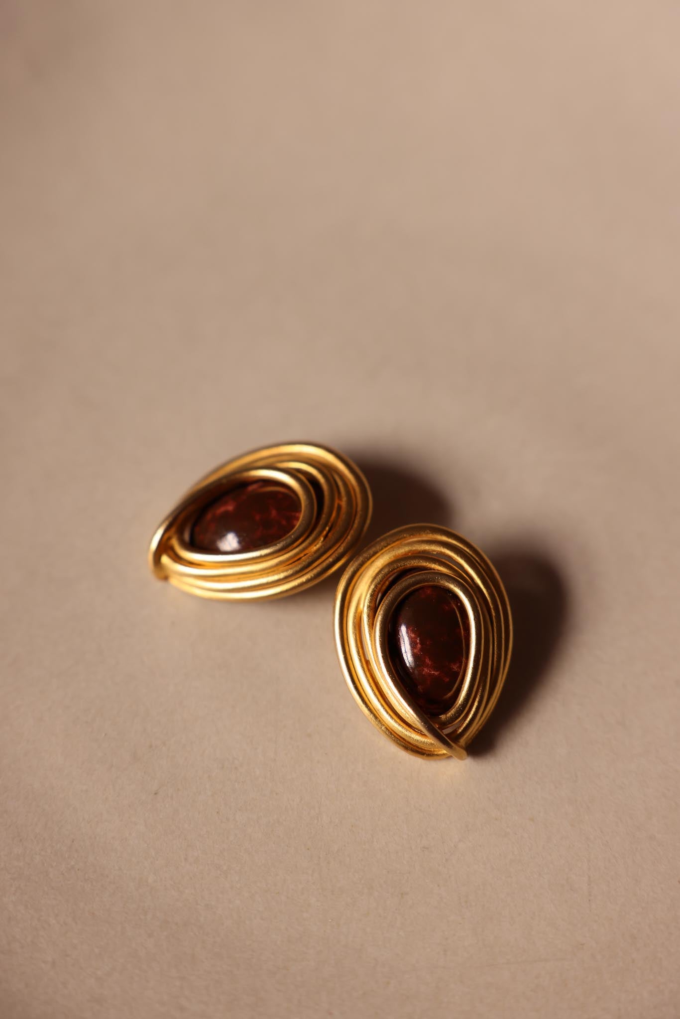 Norma Jean Matte Gold Teardrop Clip-Ons with Deep Amber Centers