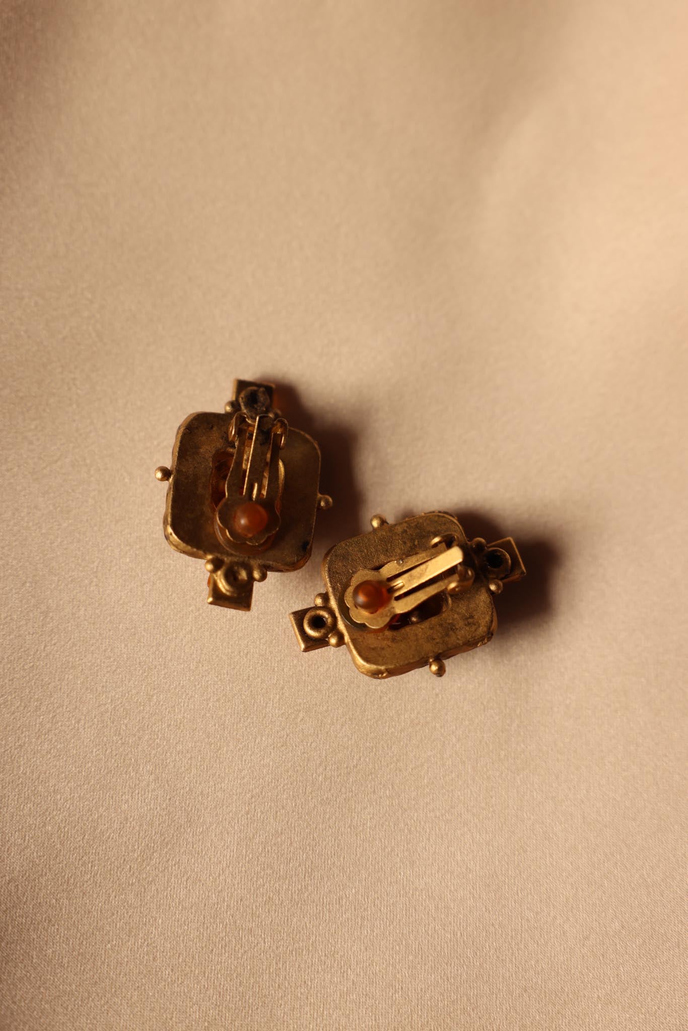 Gold-Tone Clip-On Earrings with Red and Amber Accents