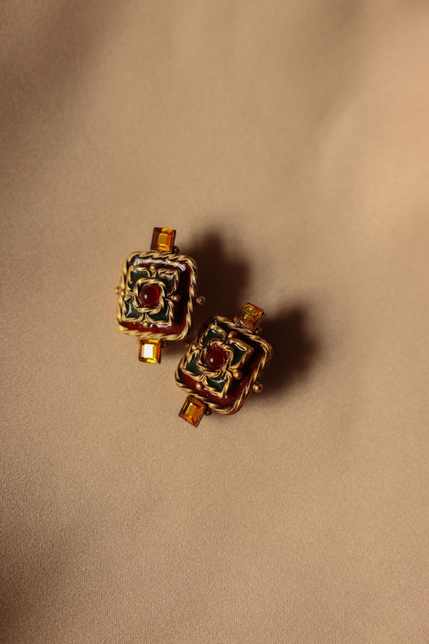 Gold-Tone Clip-On Earrings with Red and Amber Accents