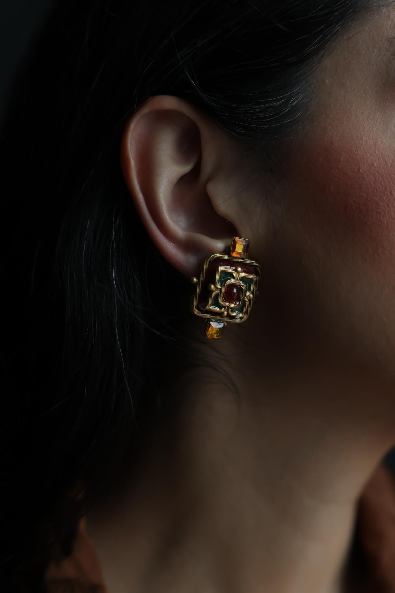 Gold-Tone Clip-On Earrings with Red and Amber Accents
