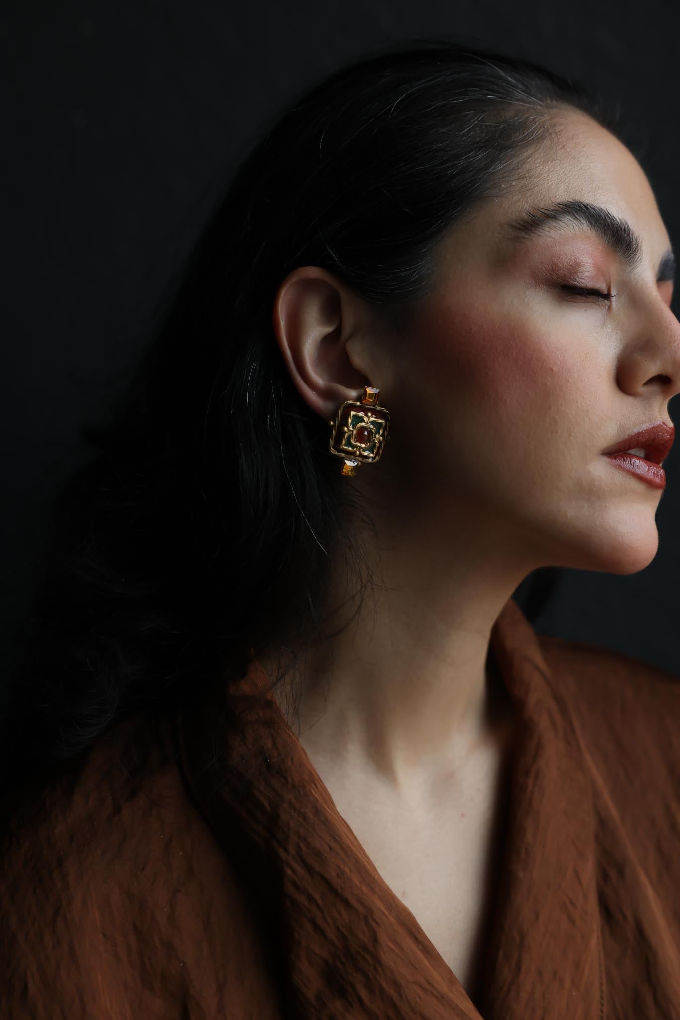Gold-Tone Clip-On Earrings with Red and Amber Accents