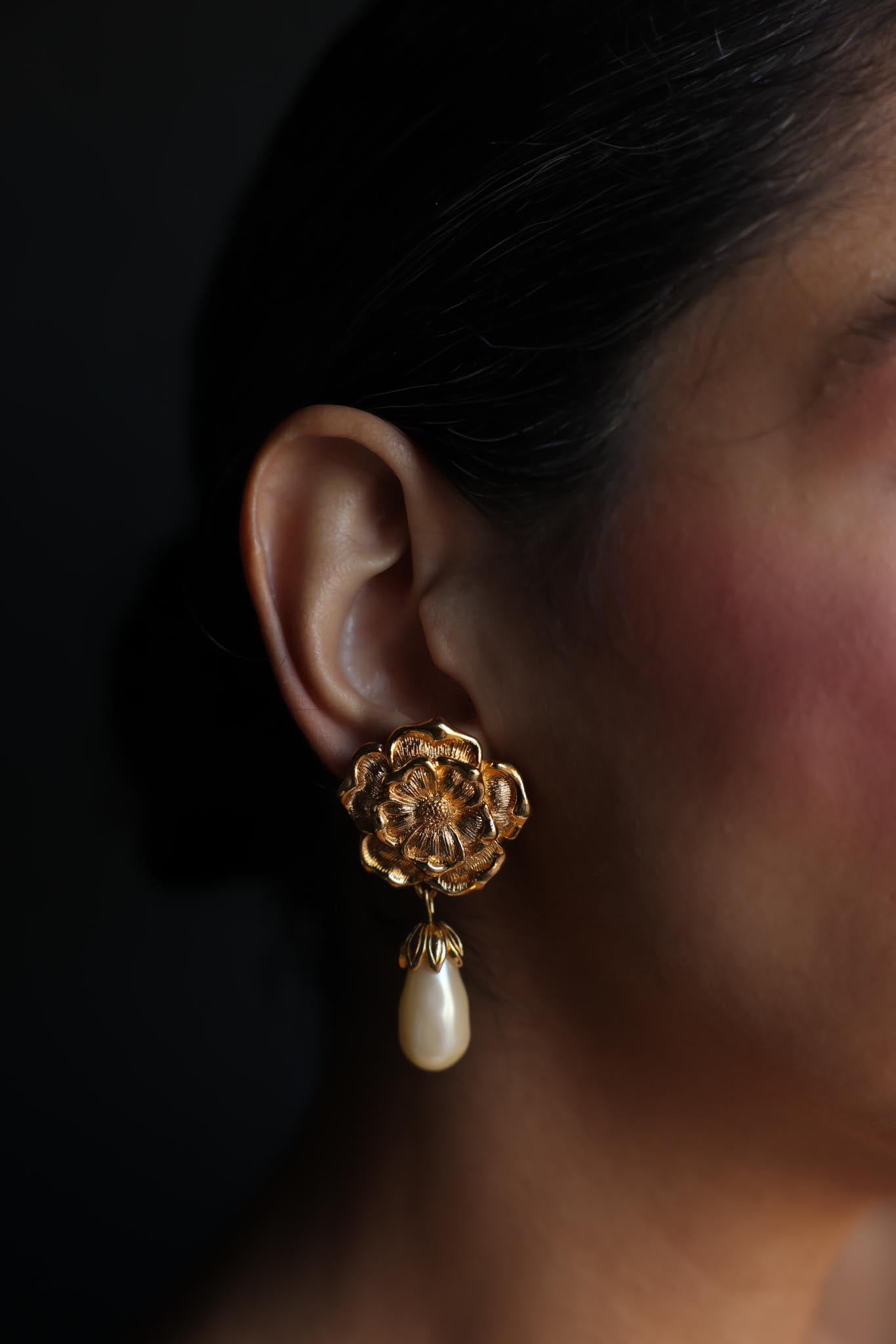 Avon Flower Clip-On Earrings with Faux Pearl Drops|Vintage Baazaar 