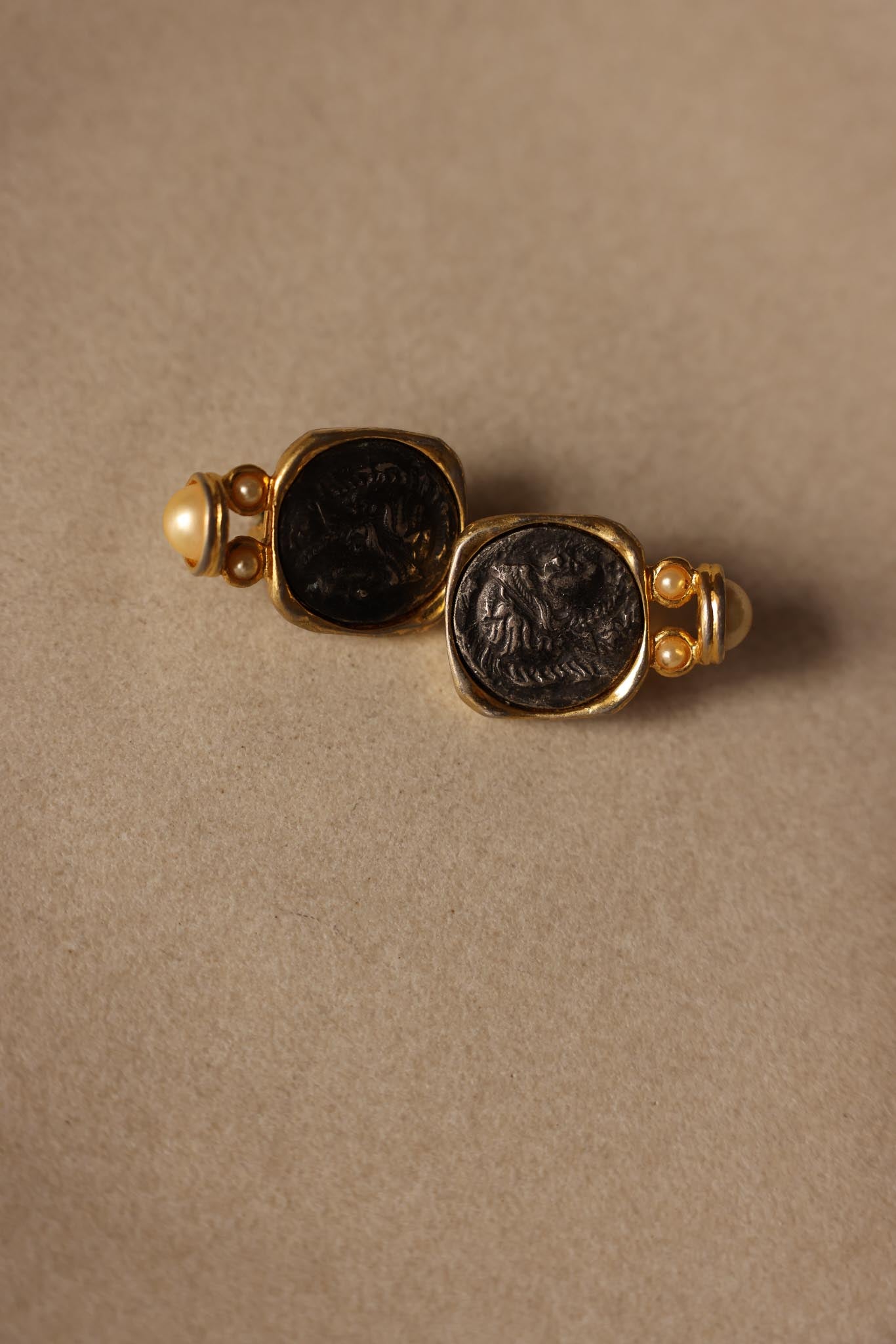 Coin Clip-On Earrings with Gold Plating and Faux Pearls|Vintage Baazaar 
