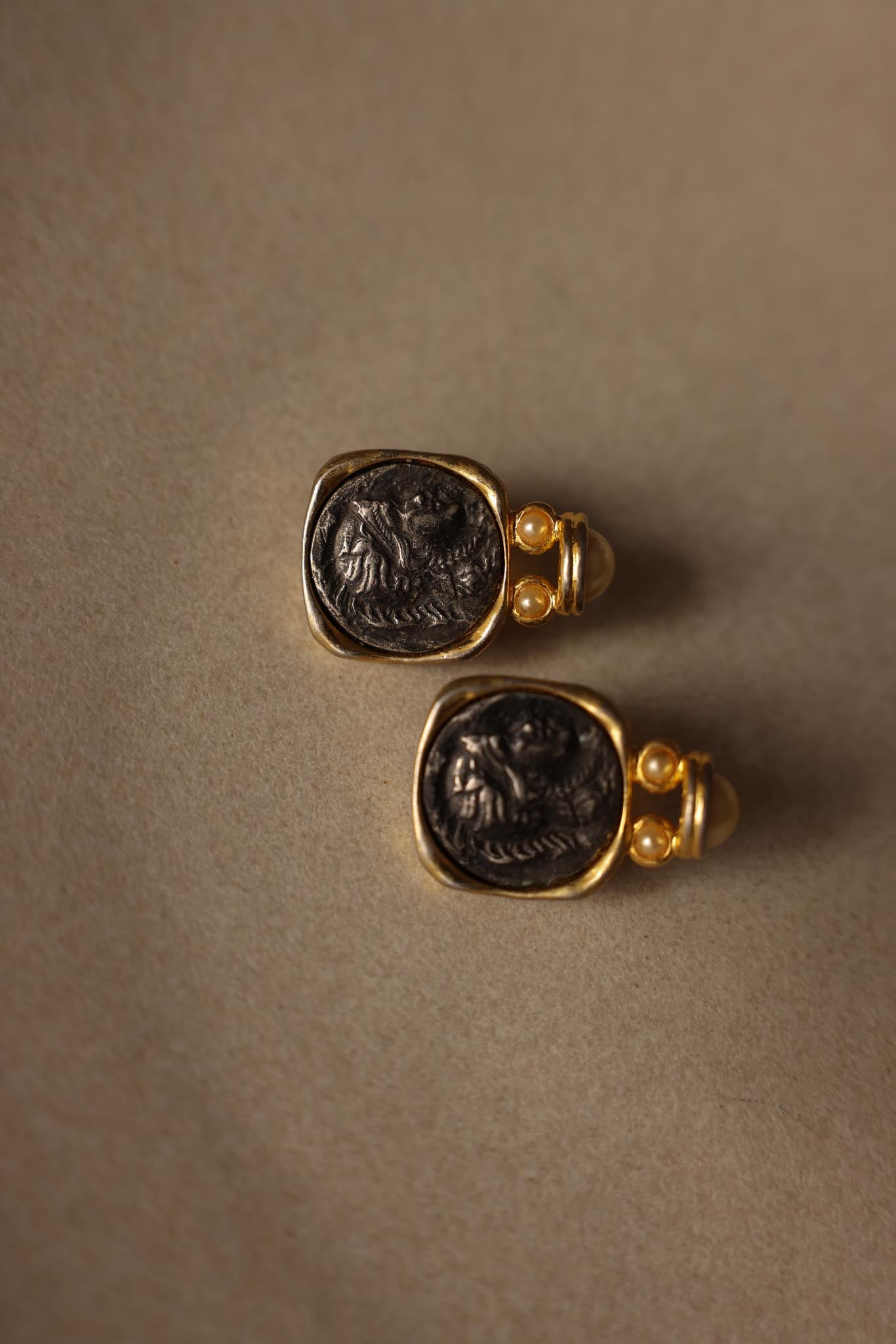 Coin Clip-On Earrings with Gold Plating and Faux Pearls|Vintage Baazaar 