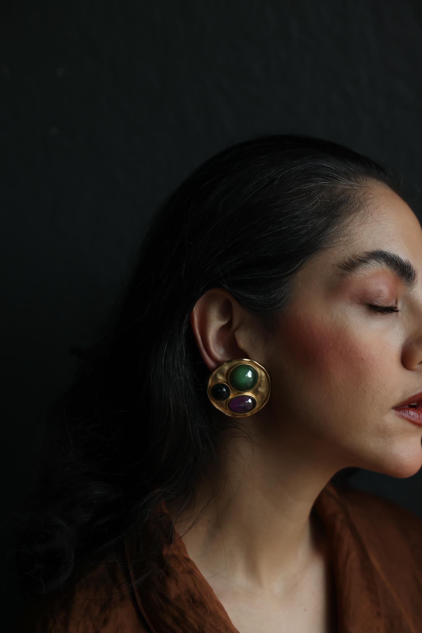 Matte Gold Disc Clip-On Earrings with Green, Purple, and Black Glass Cabochons