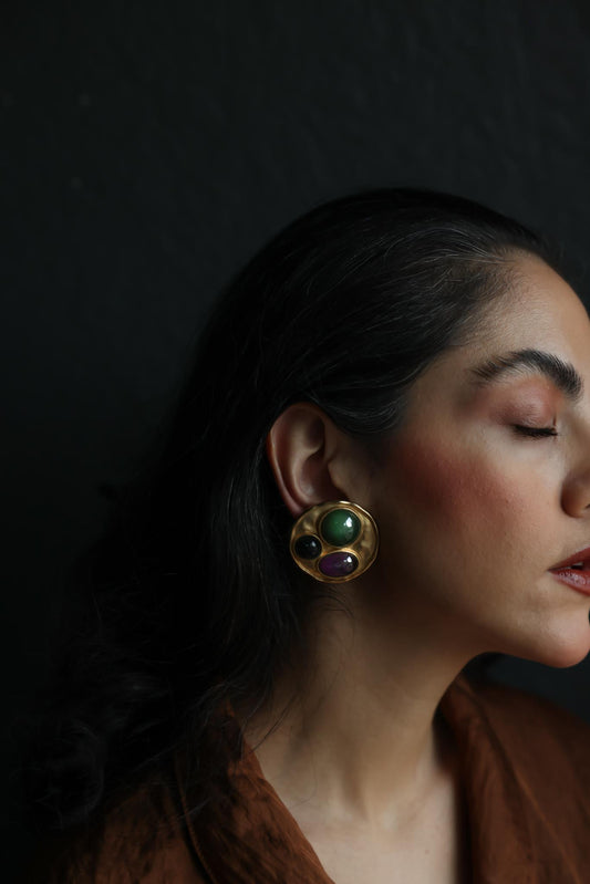 Matte Gold Disc Clip-On Earrings with Green, Purple, and Black Glass Cabochons