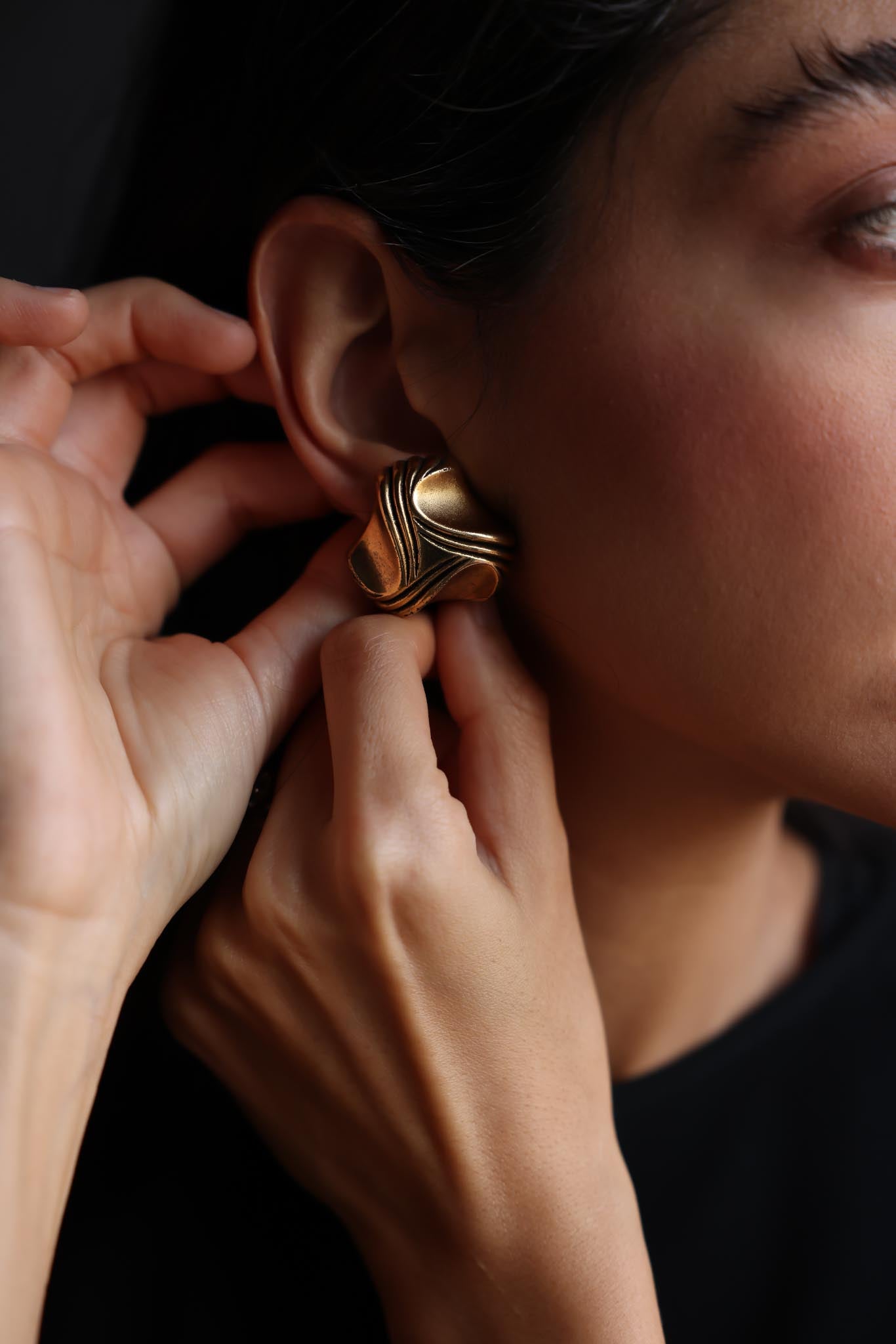 Sculptural Gold-Tone Clip-On Earrings|Vintage Baazaar 