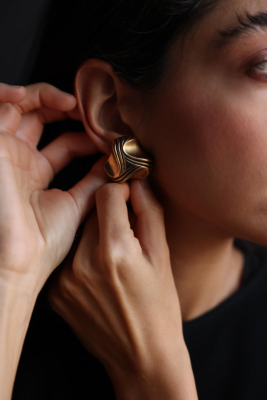 Sculptural Gold-Tone Clip-On Earrings|Vintage Baazaar 