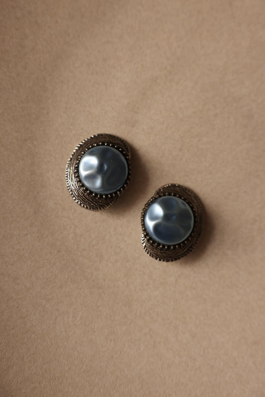 Silver-Toned Clip-On Earrings with Light Blue Cabochons|Vintage Baazaar 