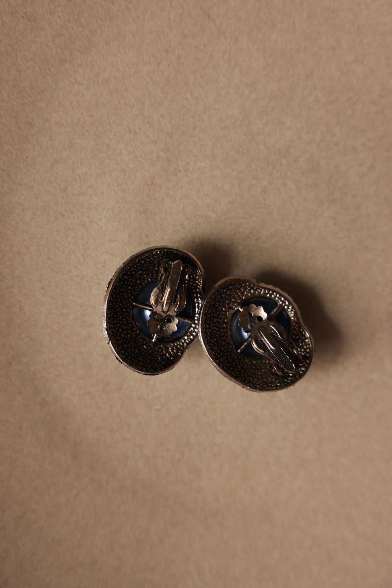 Silver-Toned Clip-On Earrings with Light Blue Cabochons|Vintage Baazaar 