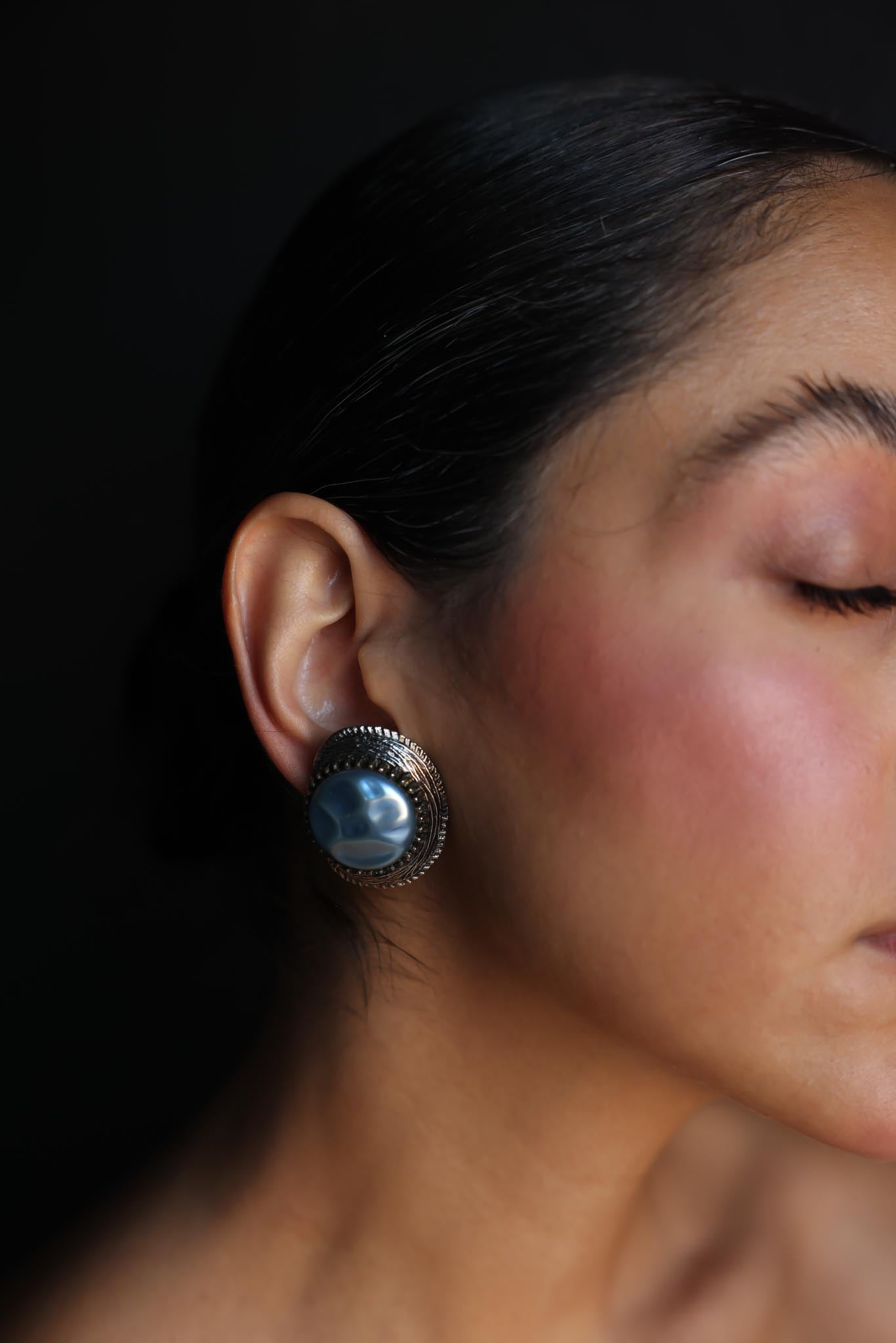 Silver-Toned Clip-On Earrings with Light Blue Cabochons|Vintage Baazaar 