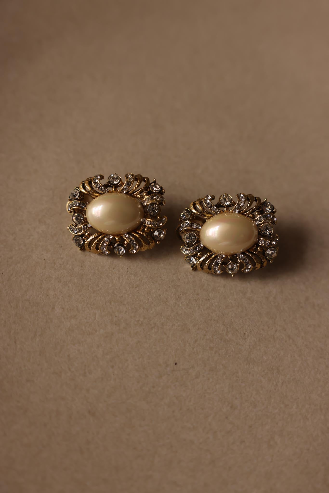 Gold-Tone Faux Pearl and Rhinestone Clip-On Earrings|Vintage Baazaar 