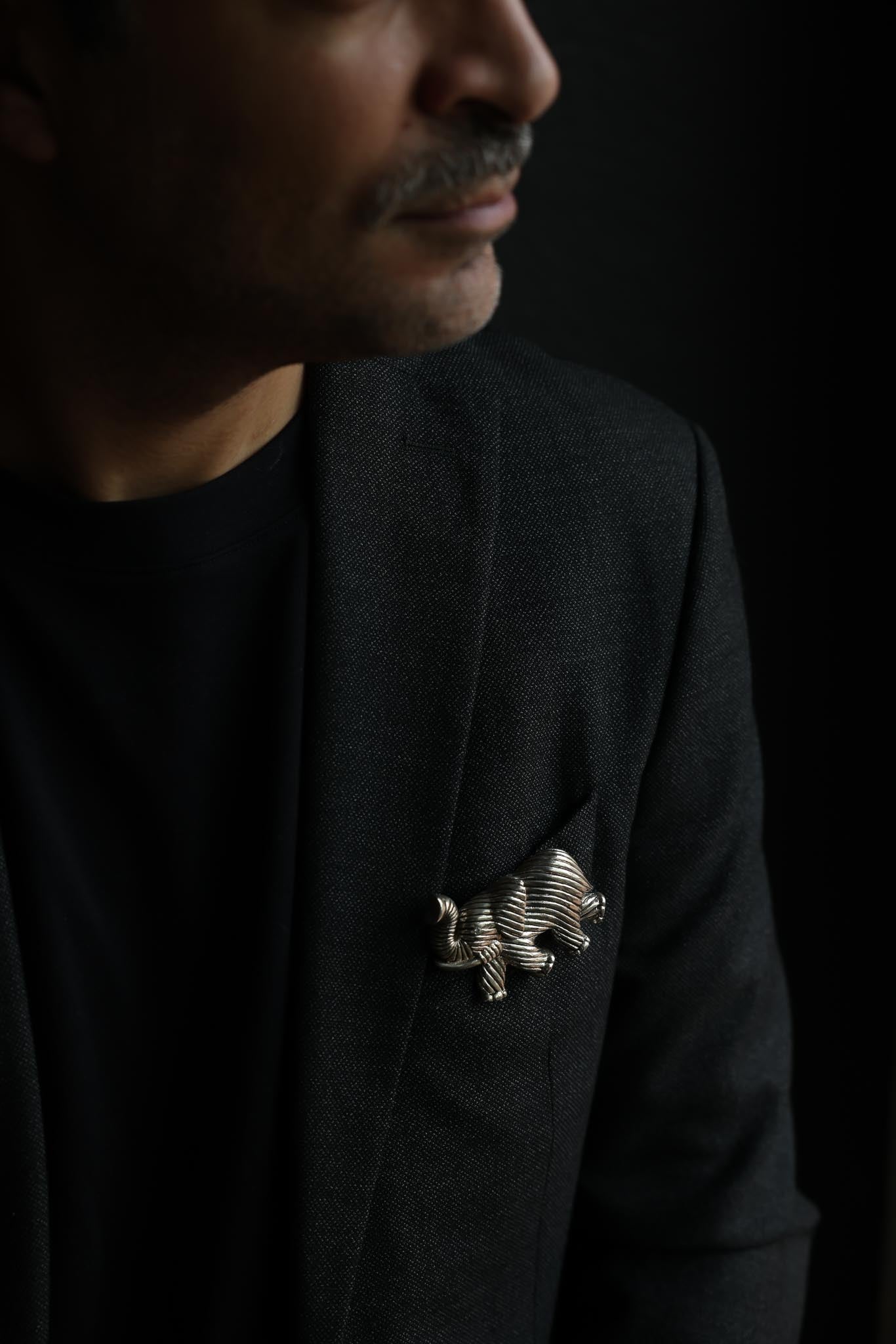 Chunky Silver Tone Elephant Brooch with Clear Rhinestone