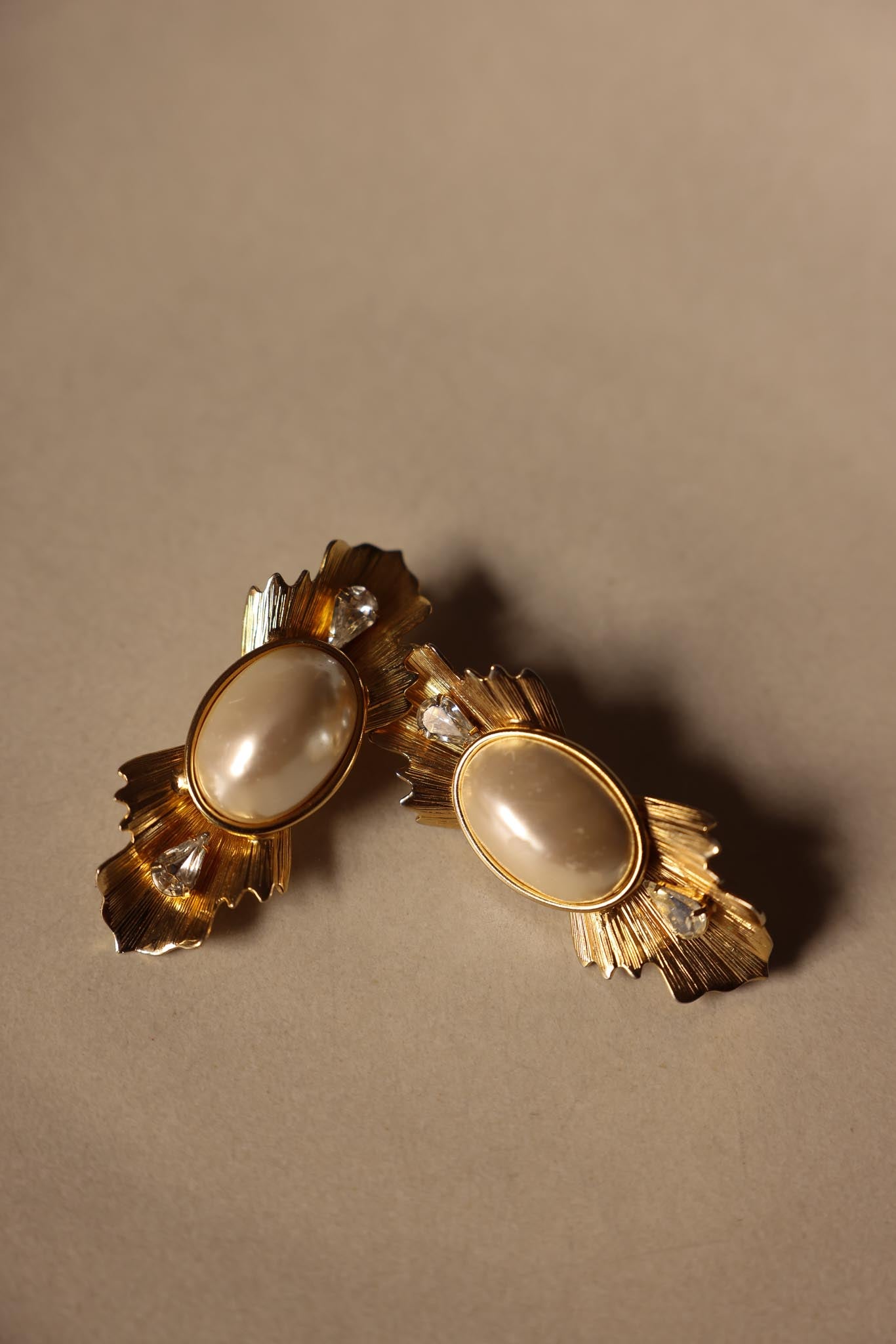 Gold-Tone Faux Pearl Clip-On Earrings with Rhinestones (1980s)
