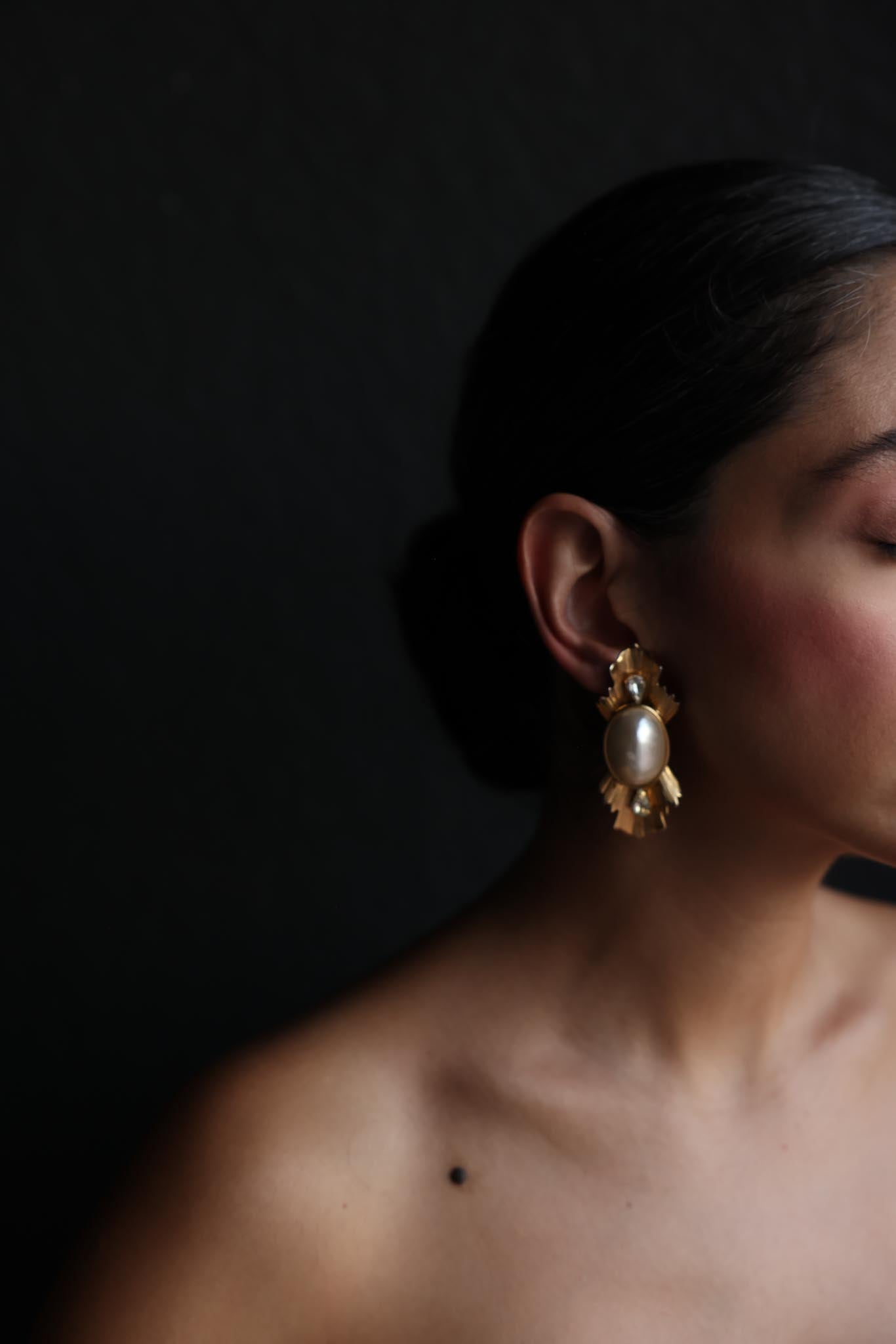 Gold-Tone Faux Pearl Clip-On Earrings with Rhinestones (1980s)