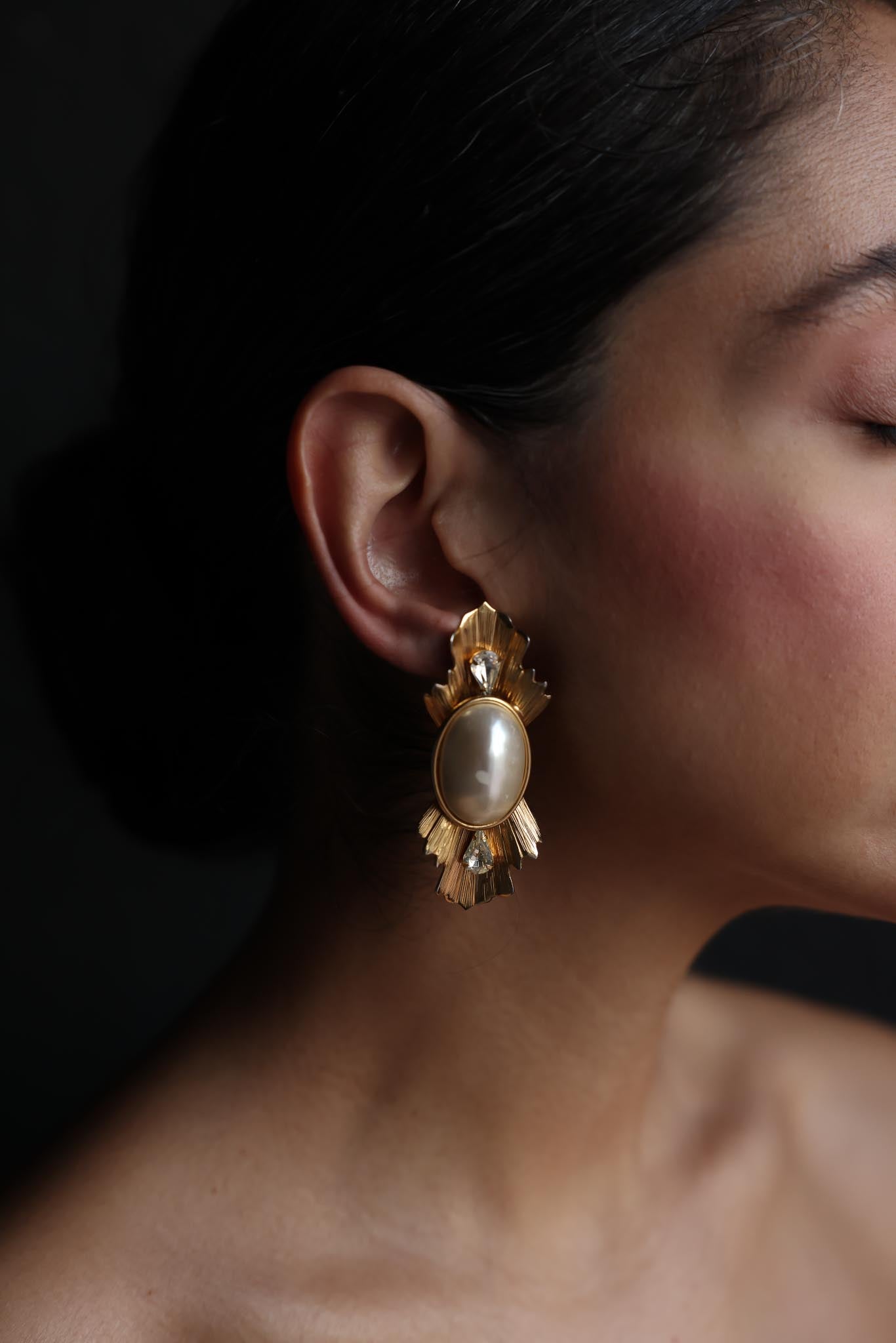 Gold-Tone Faux Pearl Clip-On Earrings with Rhinestones (1980s)