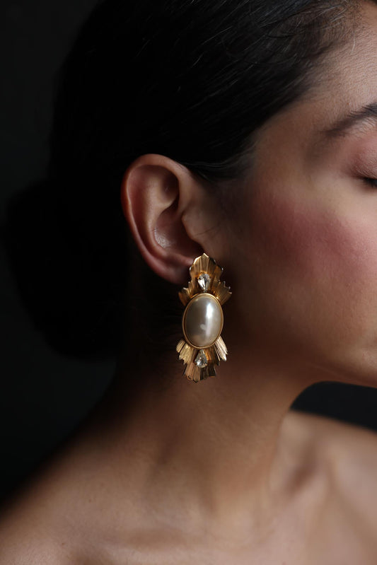 Gold-Tone Faux Pearl Clip-On Earrings with Rhinestones (1980s)