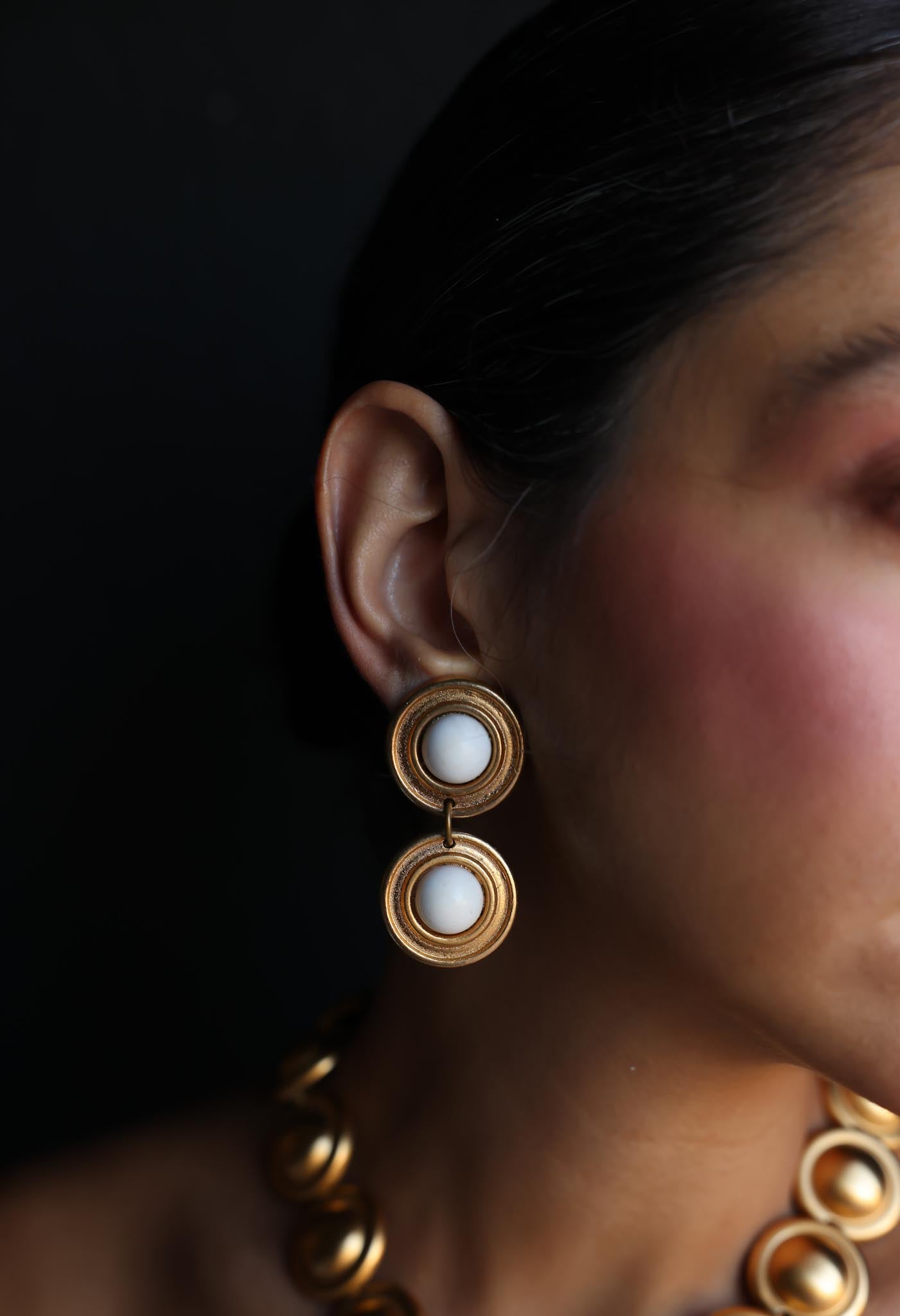 Round Drop Clip-On Earrings with White Cabochon|Vintage Baazaar 