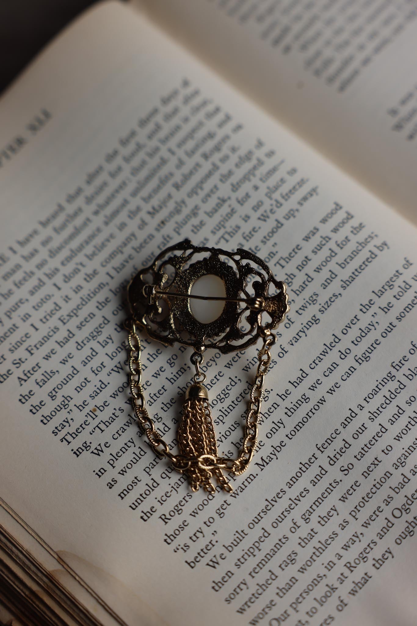 Victorian Style Gold-Tone Faux Pearl Brooch with Chain Detail