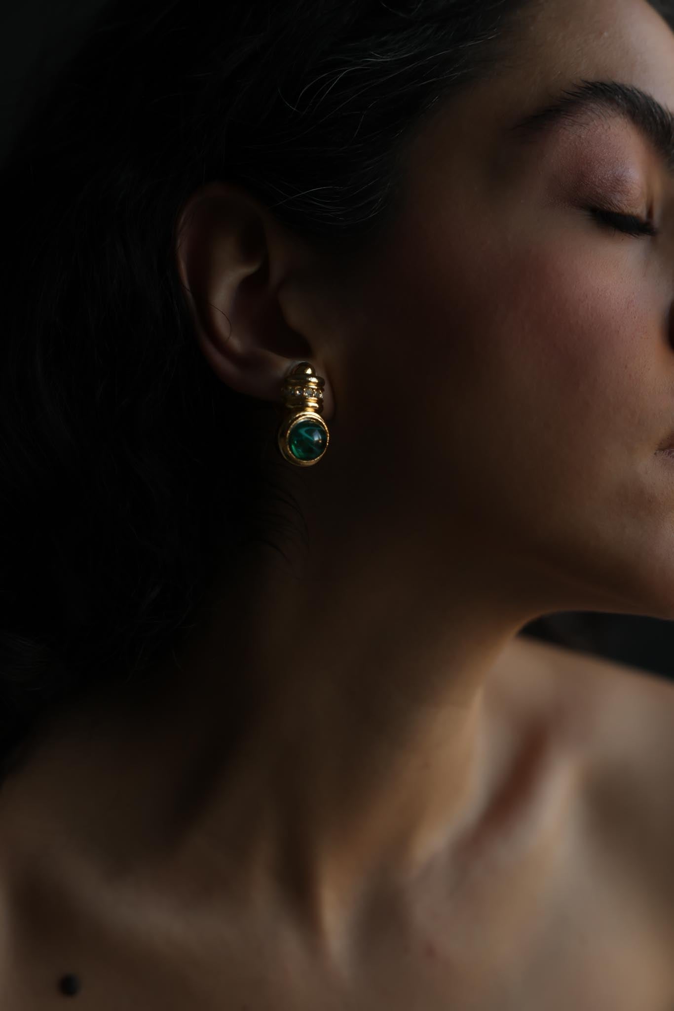 Gold-Tone Green Cabochon Clip-On Earrings with Rhinestone Accents