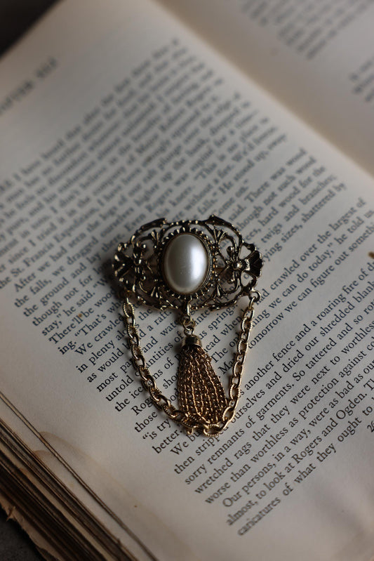 Victorian Style Gold-Tone Faux Pearl Brooch with Chain Detail