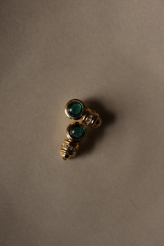 Gold-Tone Green Cabochon Clip-On Earrings with Rhinestone Accents