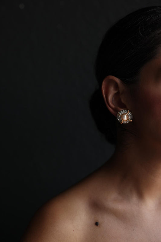 Gold-Tone Clip-On Earrings with Faux Pearls and Rhinestones