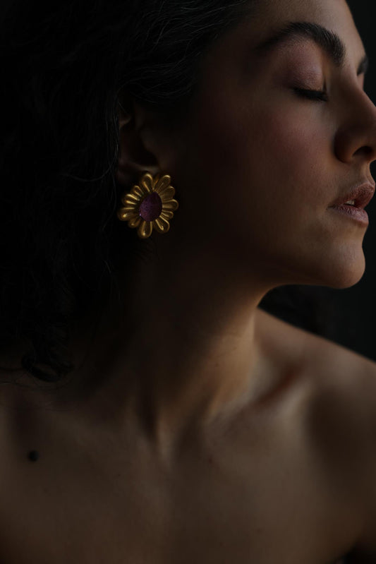 1980s Gold-Plated Floral Clip-On Earrings with Pink Cabochons