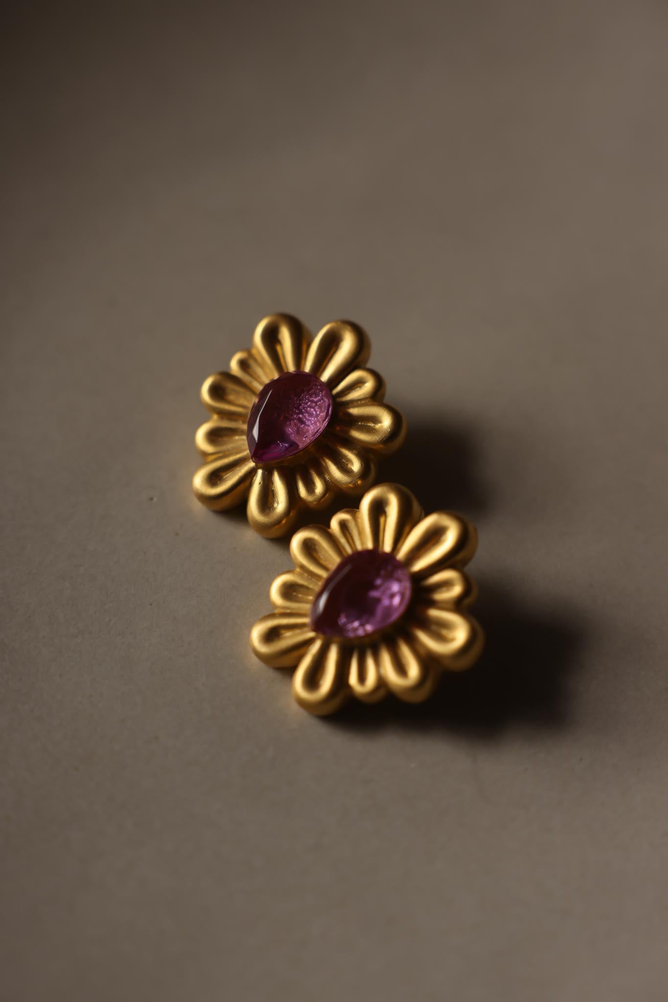 1980s Gold-Plated Floral Clip-On Earrings with Pink Cabochons