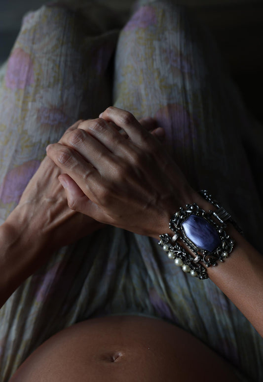 Purple Cabochon Filigree Bracelet with Faux Pearls