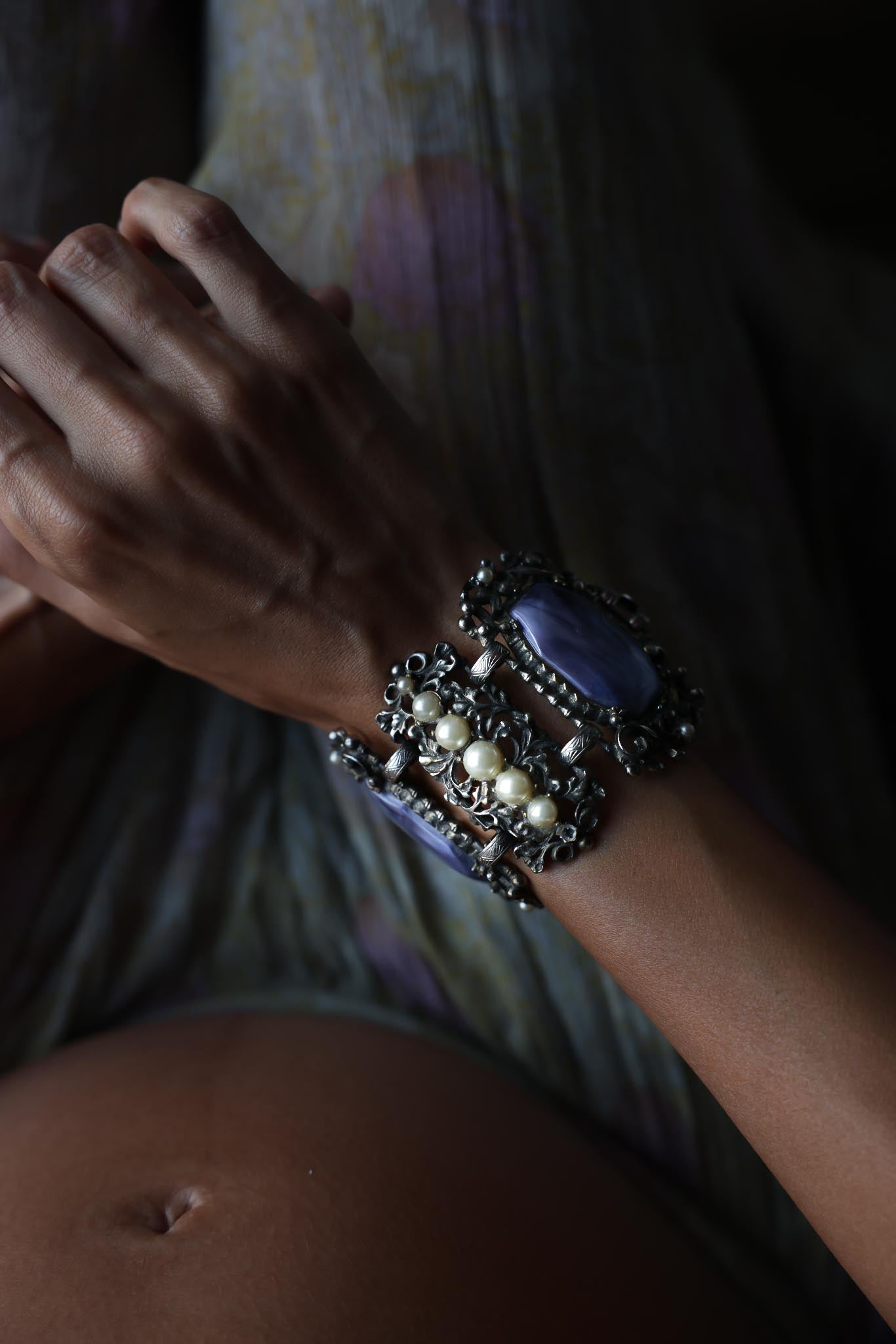 Purple Cabochon Filigree Bracelet with Faux Pearls
