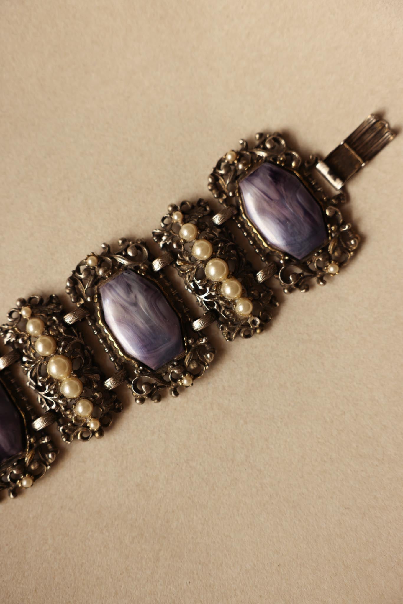 Purple Cabochon Filigree Bracelet with Faux Pearls