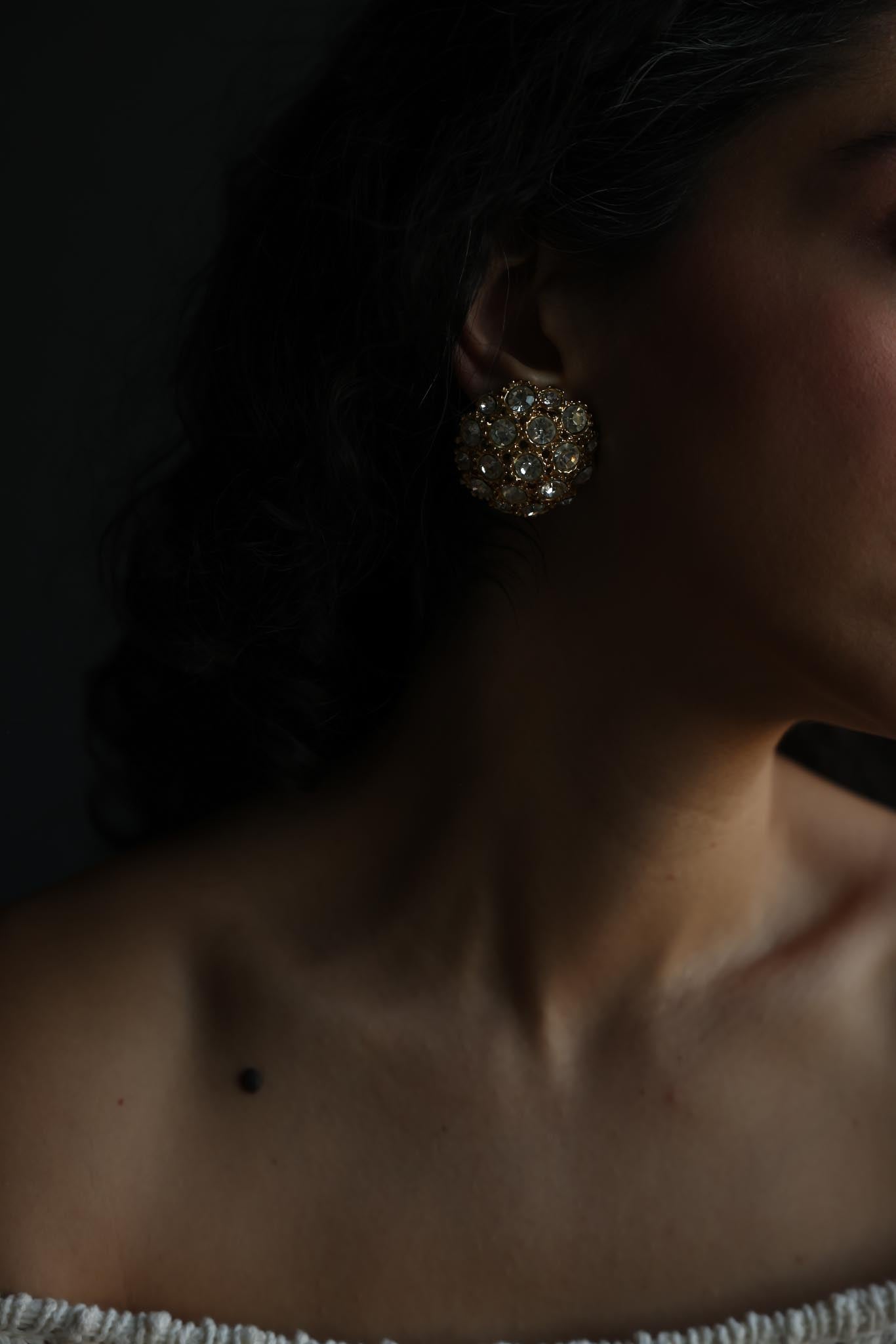 Gold-Tone Rhinestone Dome Clip-On Earrings|Vintage Baazaar 