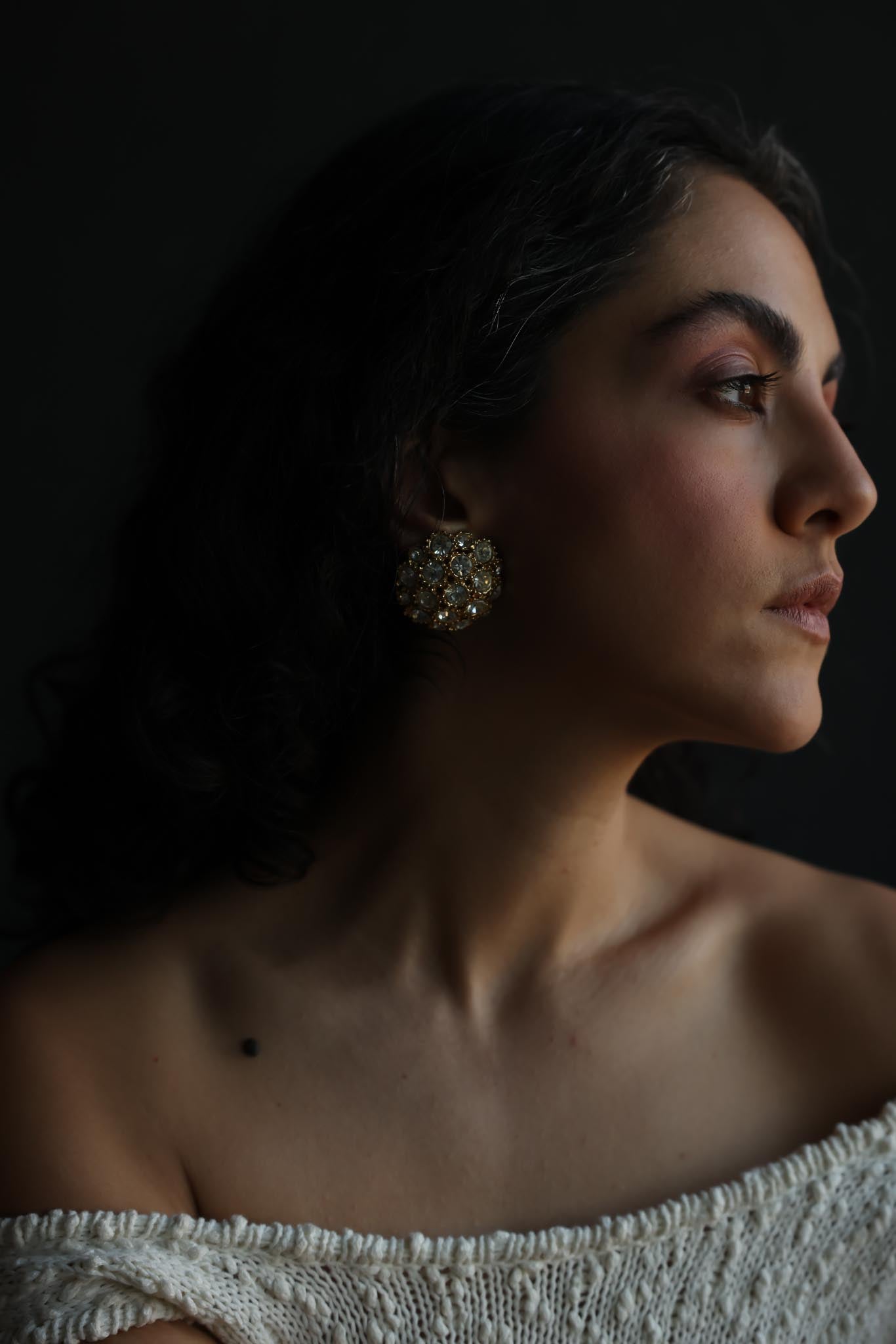 Gold-Tone Rhinestone Dome Clip-On Earrings|Vintage Baazaar 