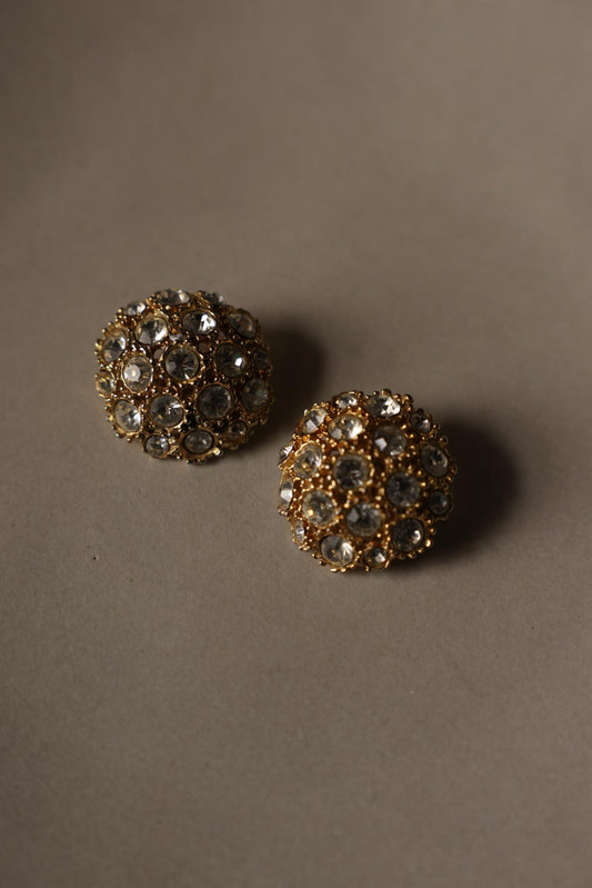 Gold-Tone Rhinestone Dome Clip-On Earrings|Vintage Baazaar 