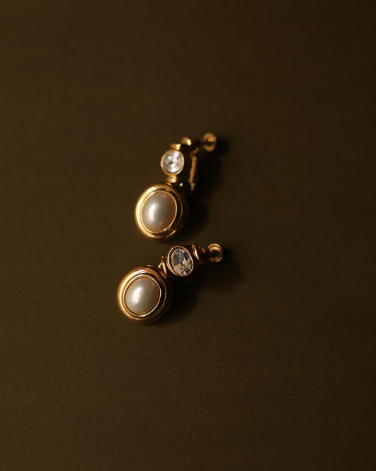 Gold and Faux Pearl Dangle Earrings with Rhinestone Accent - Screw-Back|Vintage Baazaar 