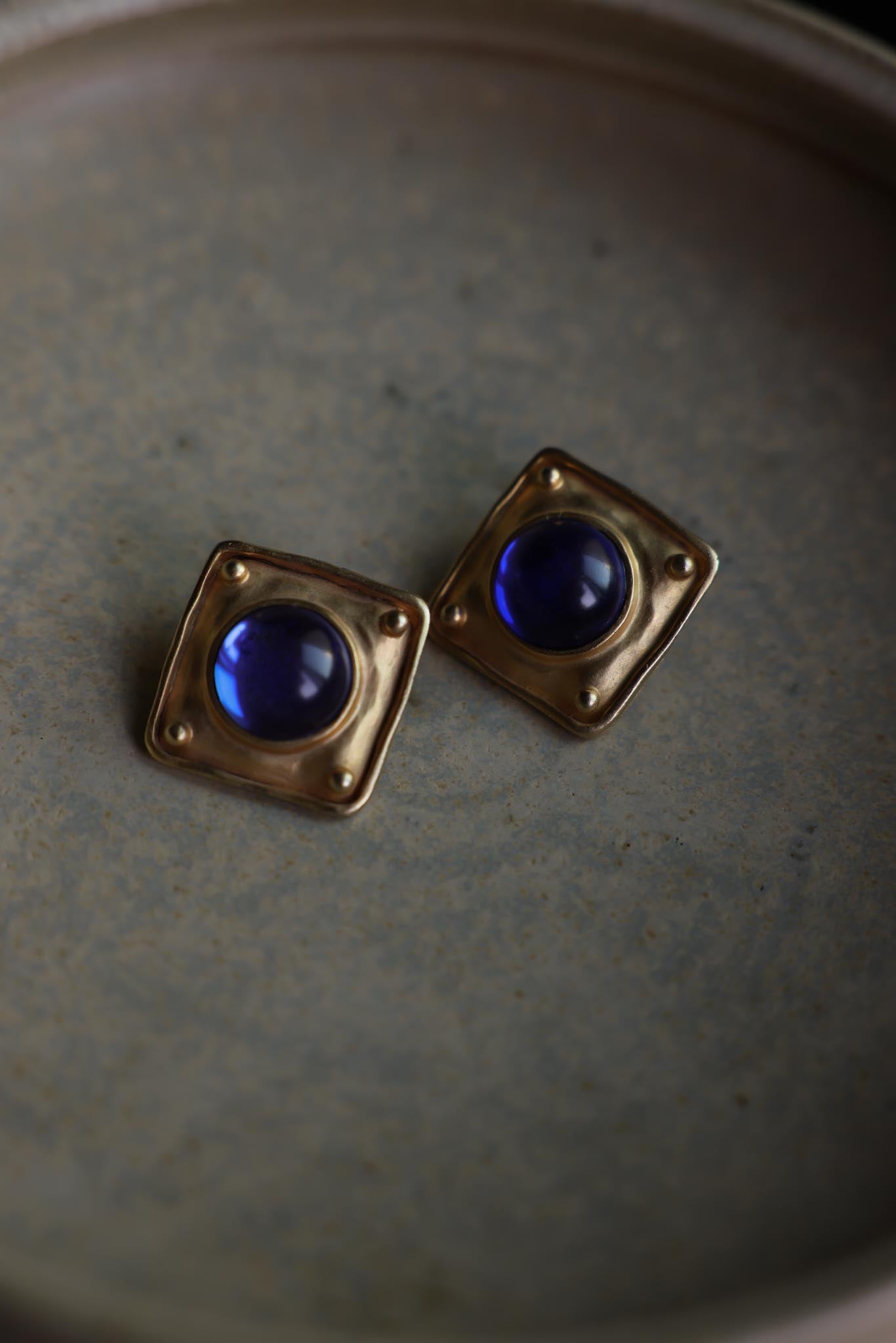 Matte Gold Square Pierced Earrings with Blue Cabochon Centers