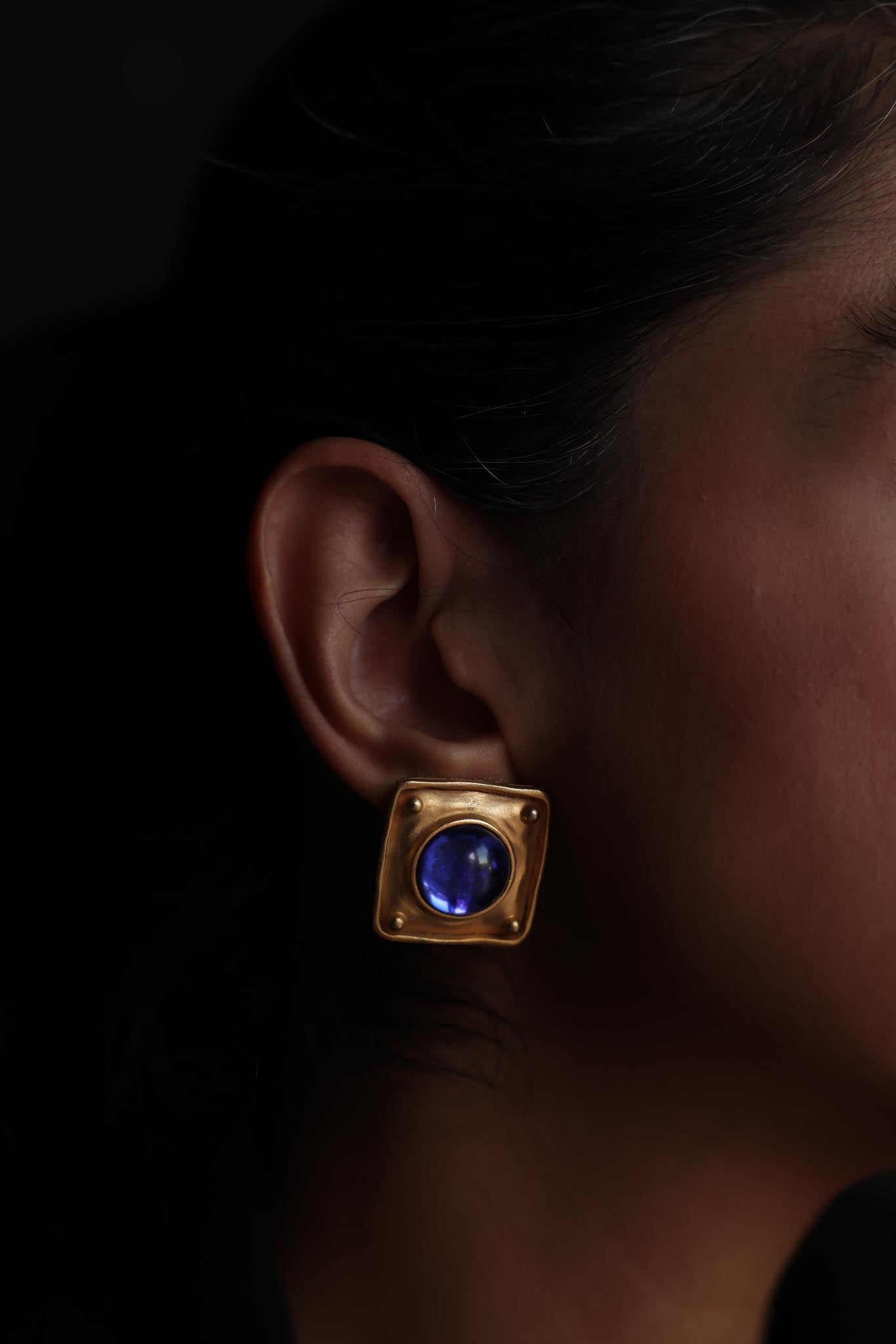 Matte Gold Square Pierced Earrings with Blue Cabochon Centers