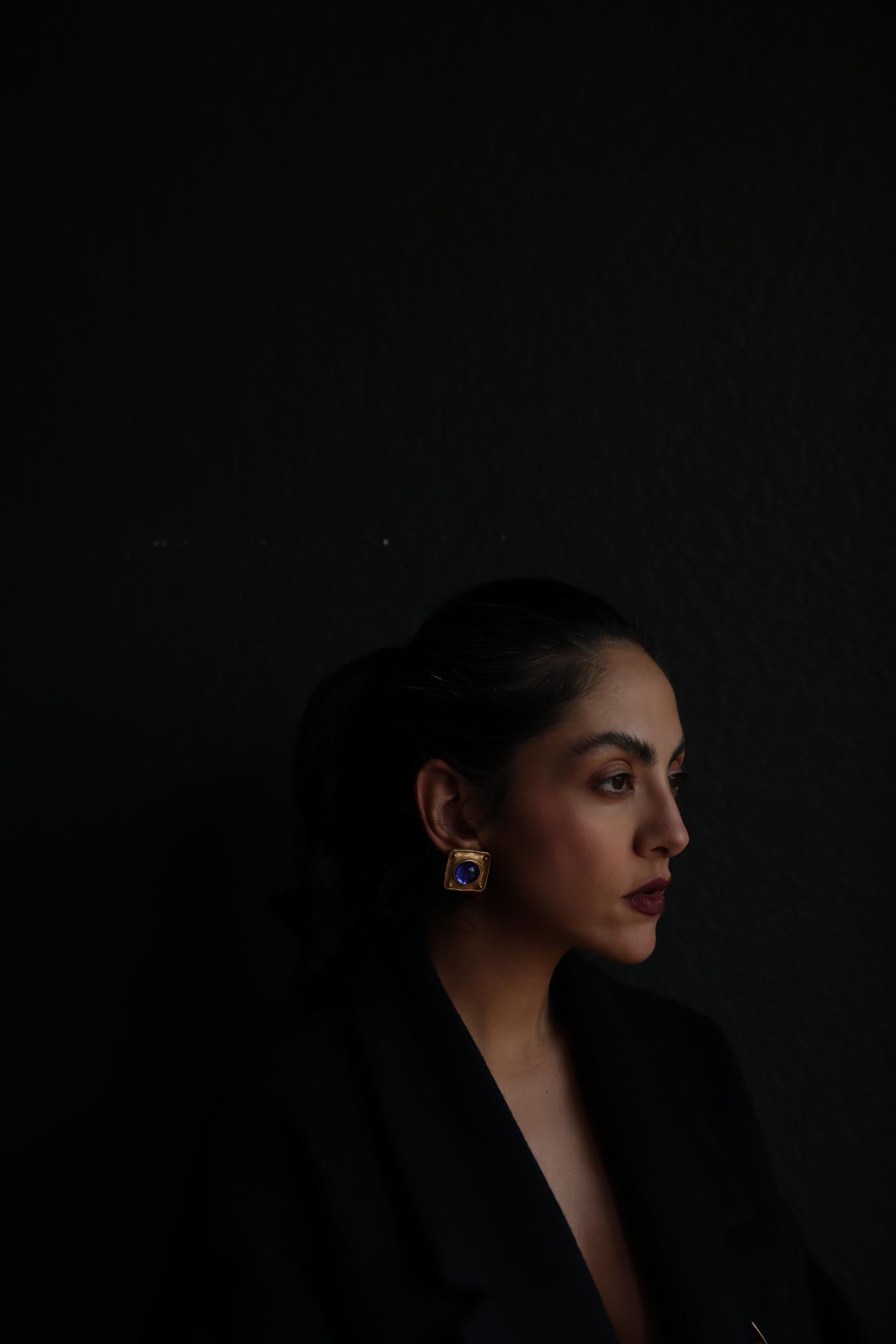 Matte Gold Square Pierced Earrings with Blue Cabochon Centers