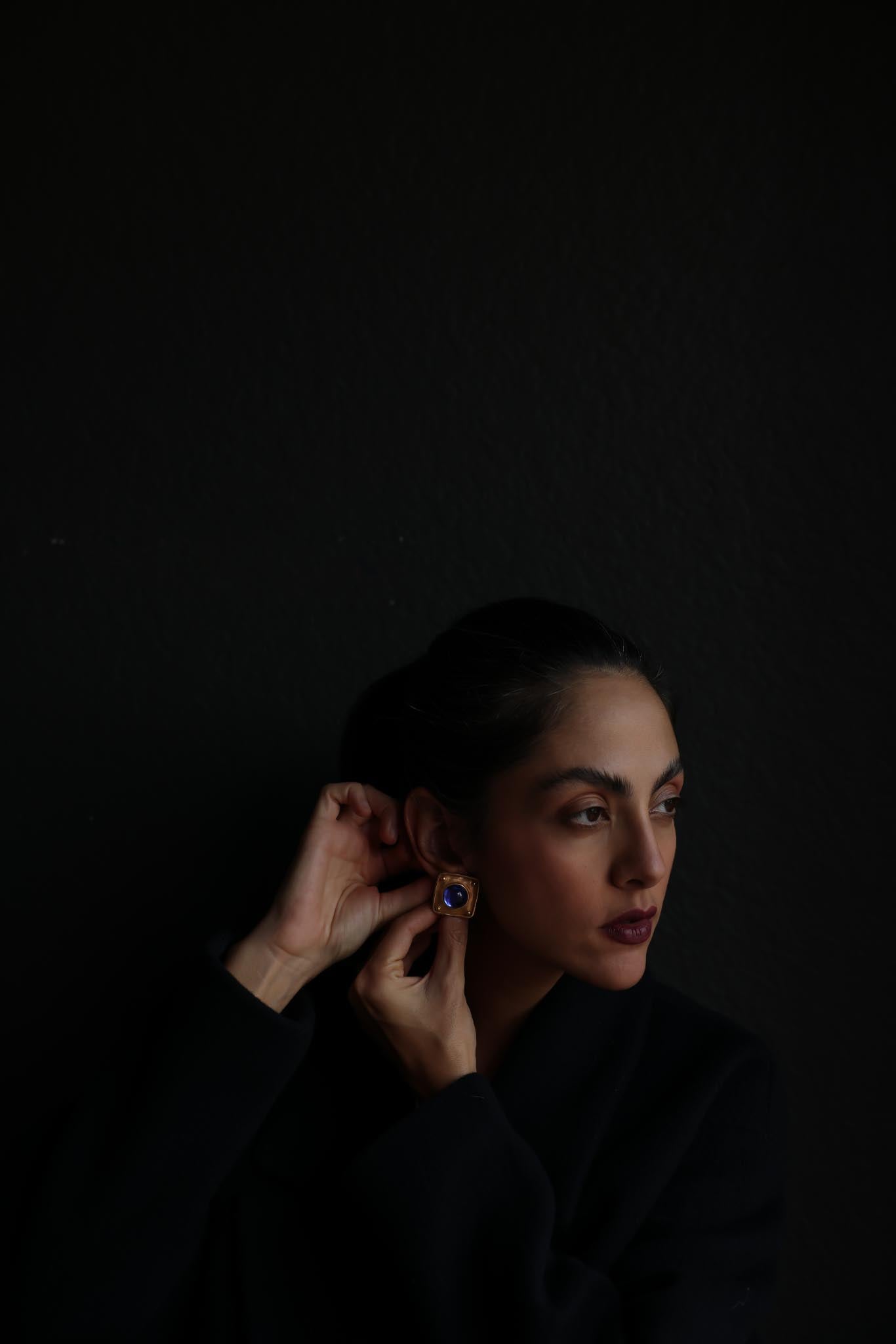 Matte Gold Square Pierced Earrings with Blue Cabochon Centers