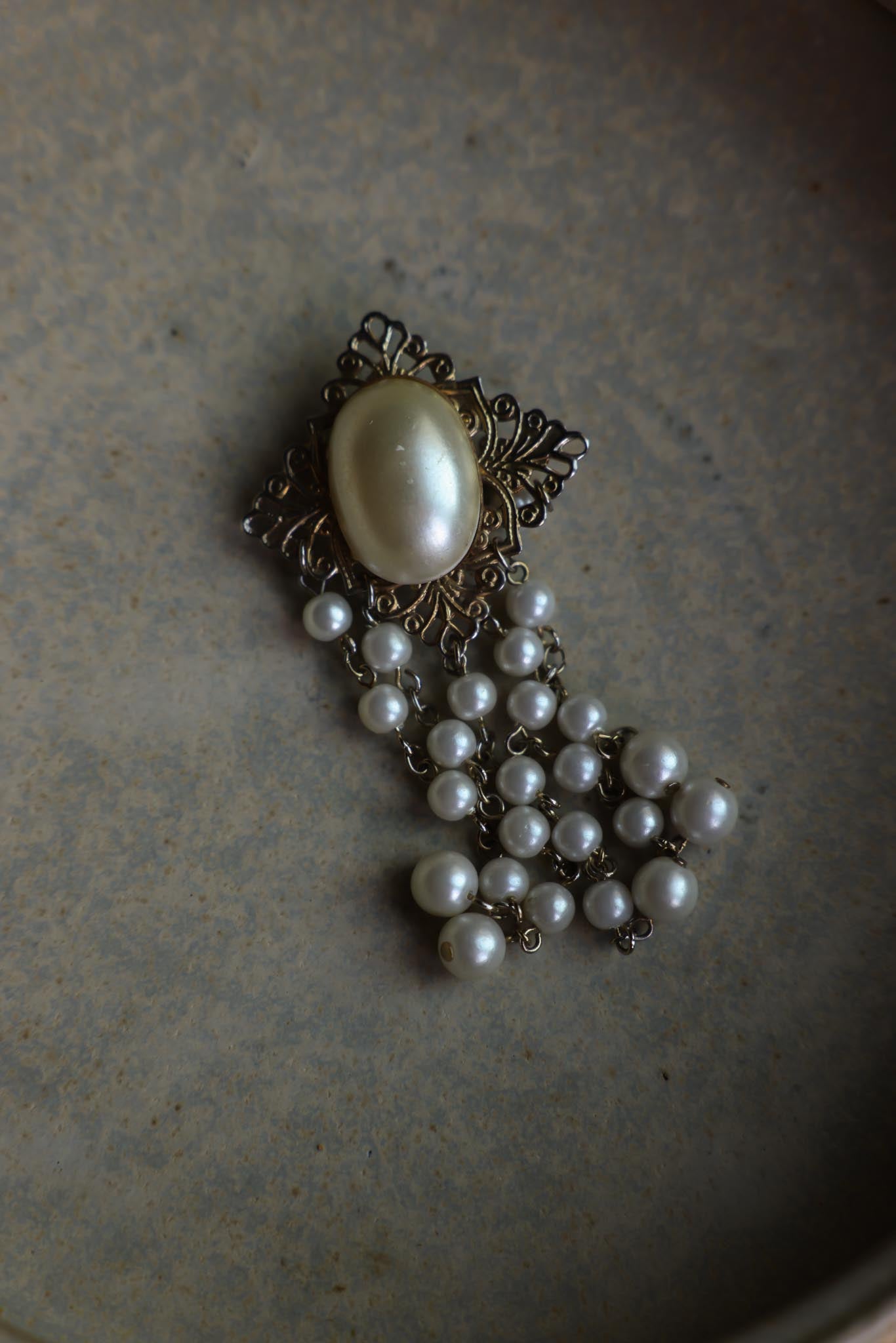 Gold-Tone Filigree Brooch with Faux Pearl Drops