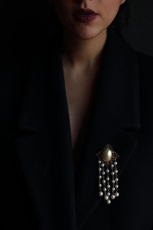Gold-Tone Filigree Brooch with Faux Pearl Drops