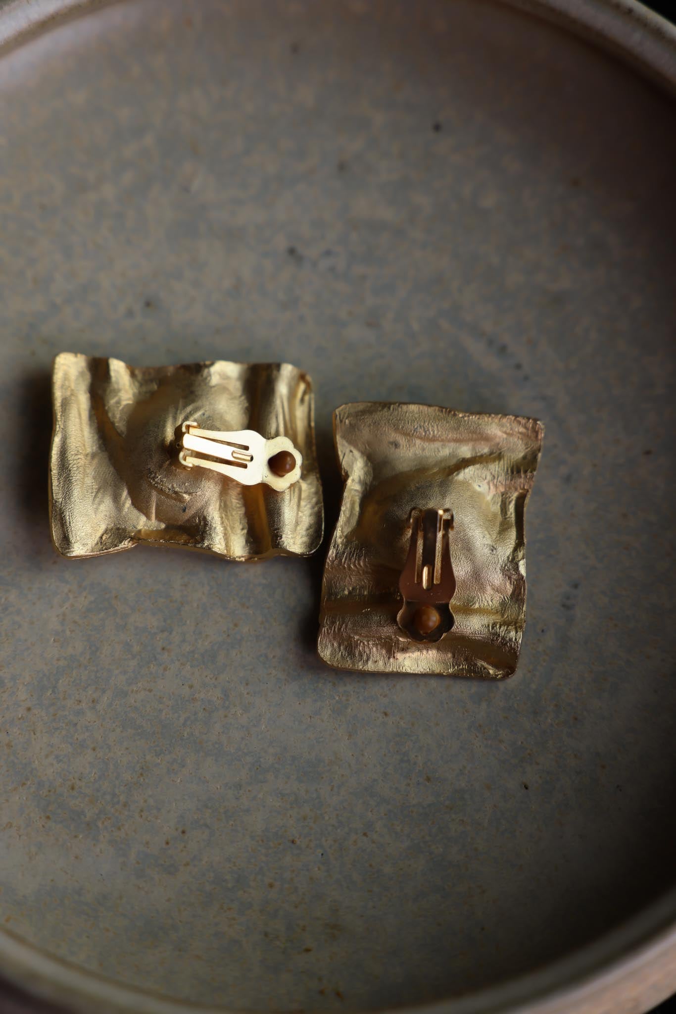 Matte Gold & Navy Blue Sculptural Clip-On Earrings
