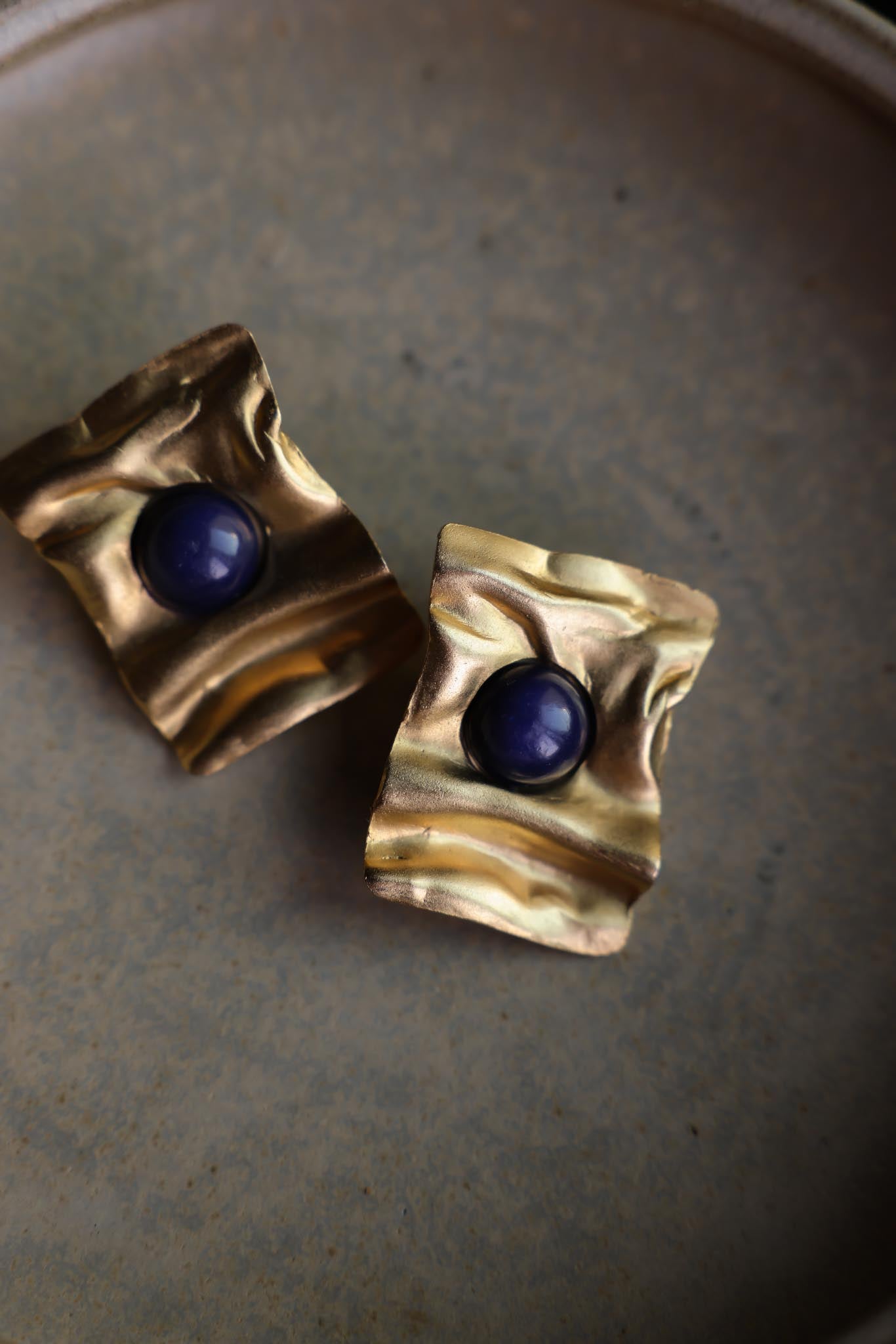 Matte Gold & Navy Blue Sculptural Clip-On Earrings