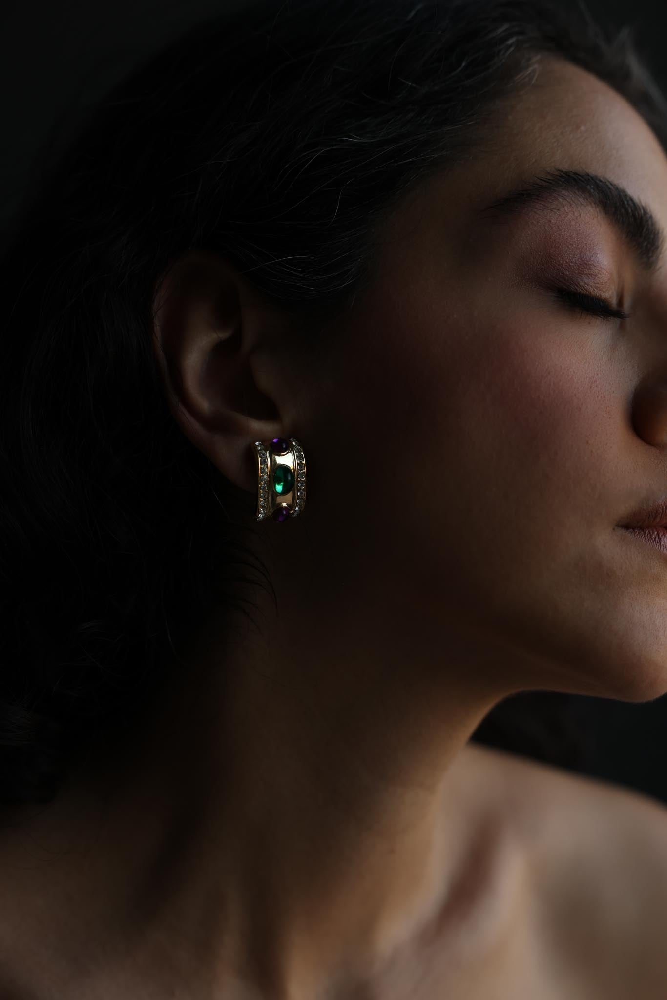 Gold-Tone Multicolor Cabochon Clip-On Earrings|Vintage Baazaar 